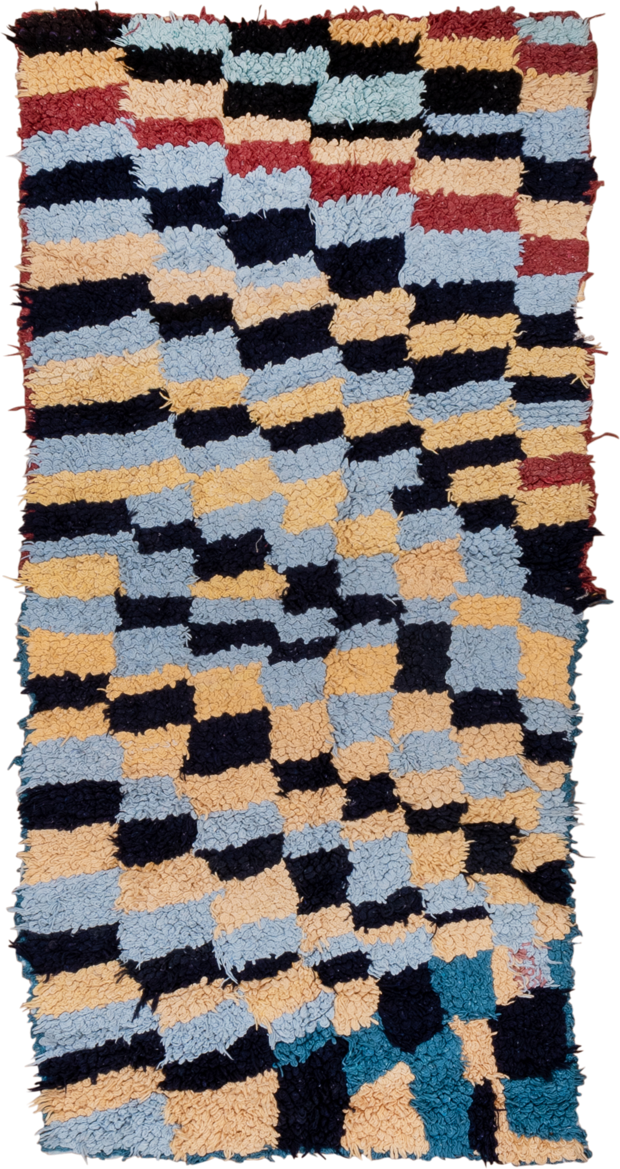 3' x 6' one-of-a-kind handmade vintage Rag Rug runner rug. Color palette: light blue, cream, navy, teal, rust, black, ivory