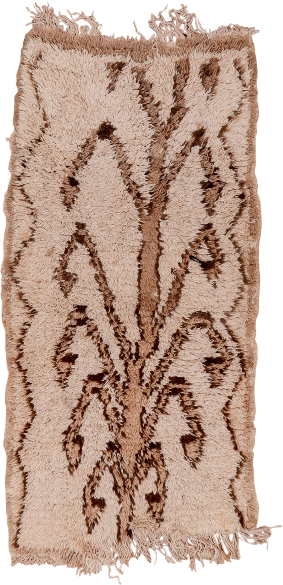 2' x 4' one-of-a-kind handmade vintage Moroccan small size rug. Color palette: ivory, camel, brown, beige