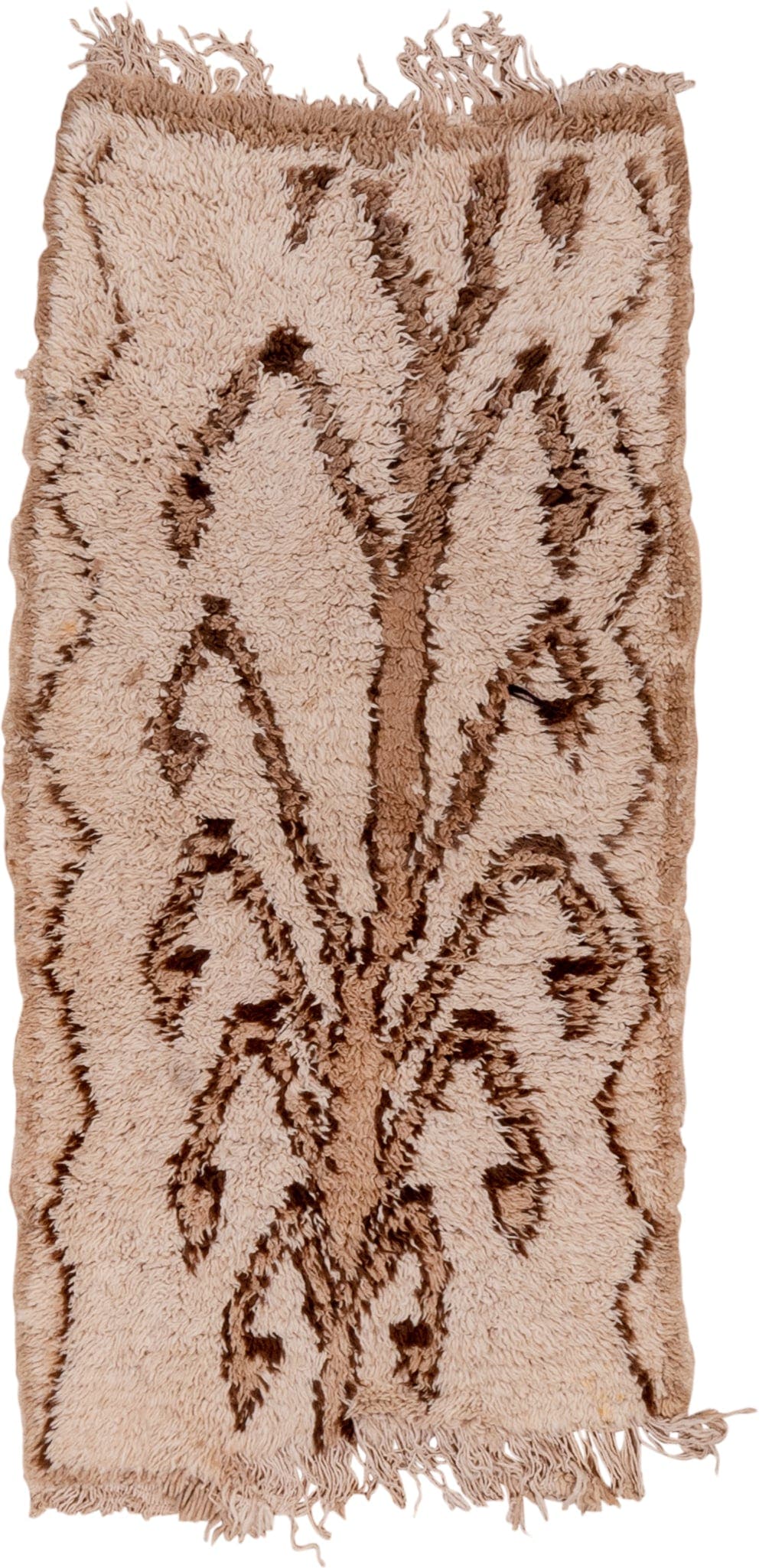 2' x 4' one-of-a-kind handmade vintage Moroccan small size rug. Color palette: ivory, camel, brown, beige