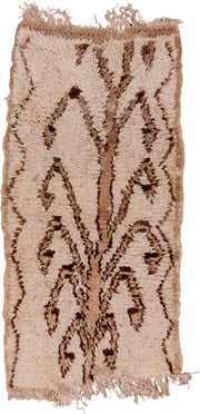 2' x 4' one-of-a-kind handmade vintage Moroccan small size rug. Color palette: ivory, camel, brown, beige