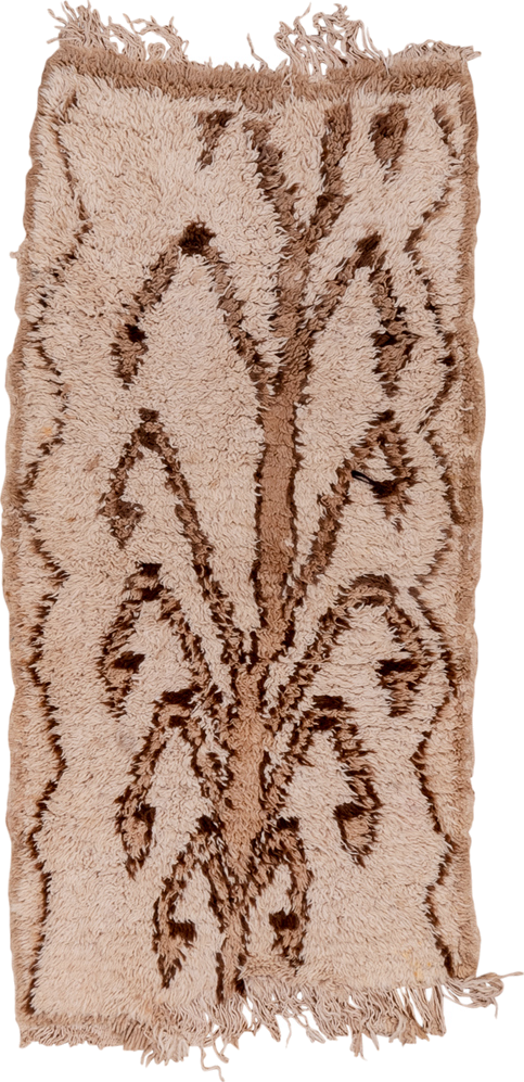 2' x 4' one-of-a-kind handmade vintage Moroccan small size rug. Color palette: brown, gray, light gray, off-white, orange