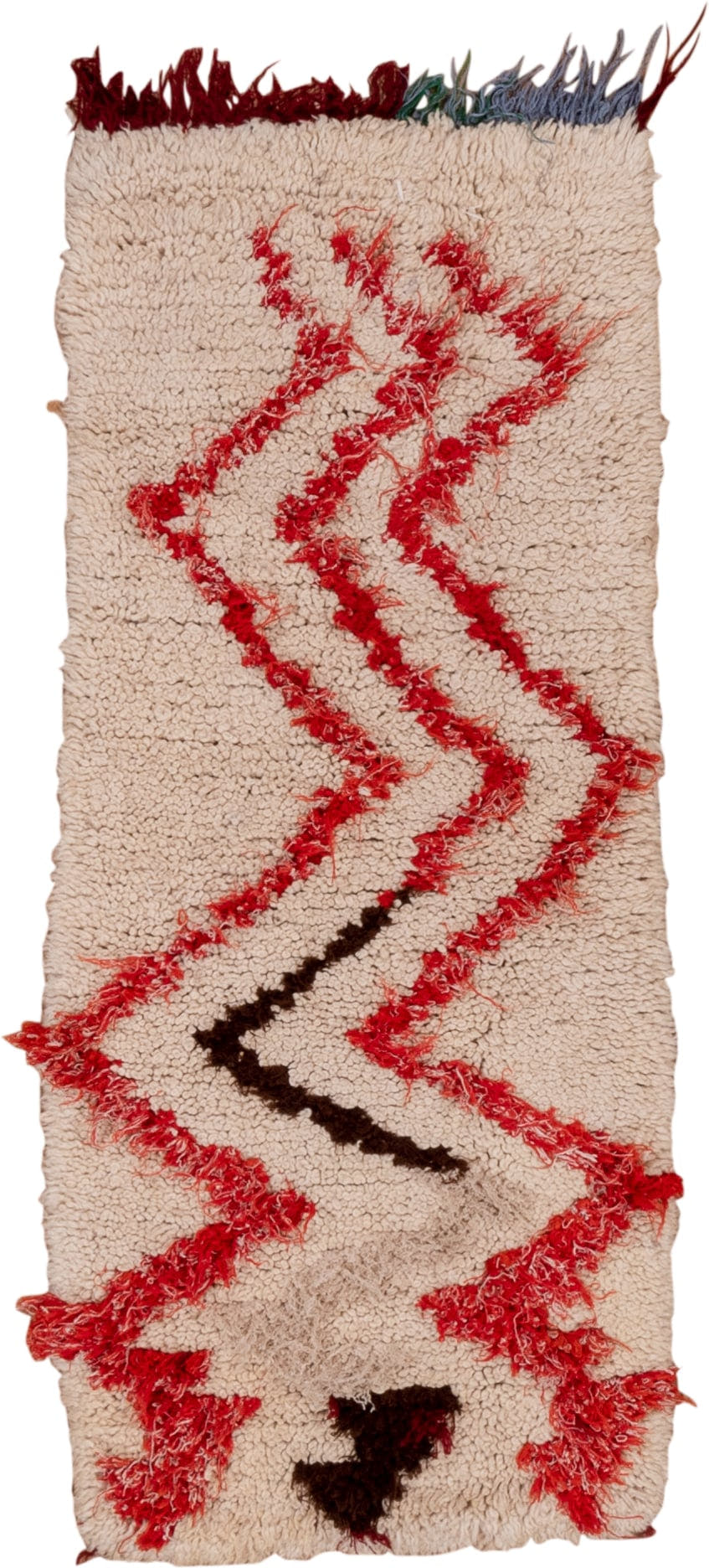 1' x 4' one-of-a-kind handmade vintage Moroccan small size rug. Color palette: ivory, crimson, brown, burgundy, blue, green