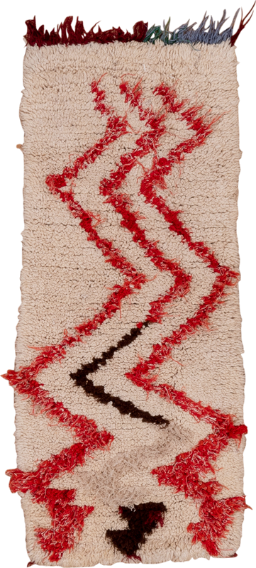 1' x 4' one-of-a-kind handmade vintage Moroccan small size rug. Color palette: ivory, crimson, brown, burgundy, blue, green