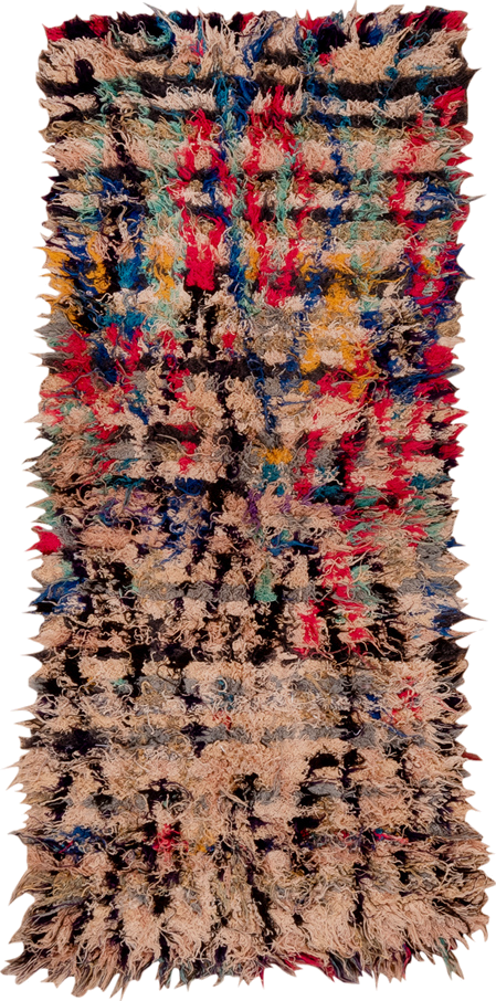2' x 5' one-of-a-kind handmade vintage Rag Rug small size rug. Color palette: black, blue, brown, dim gray, gray, orange