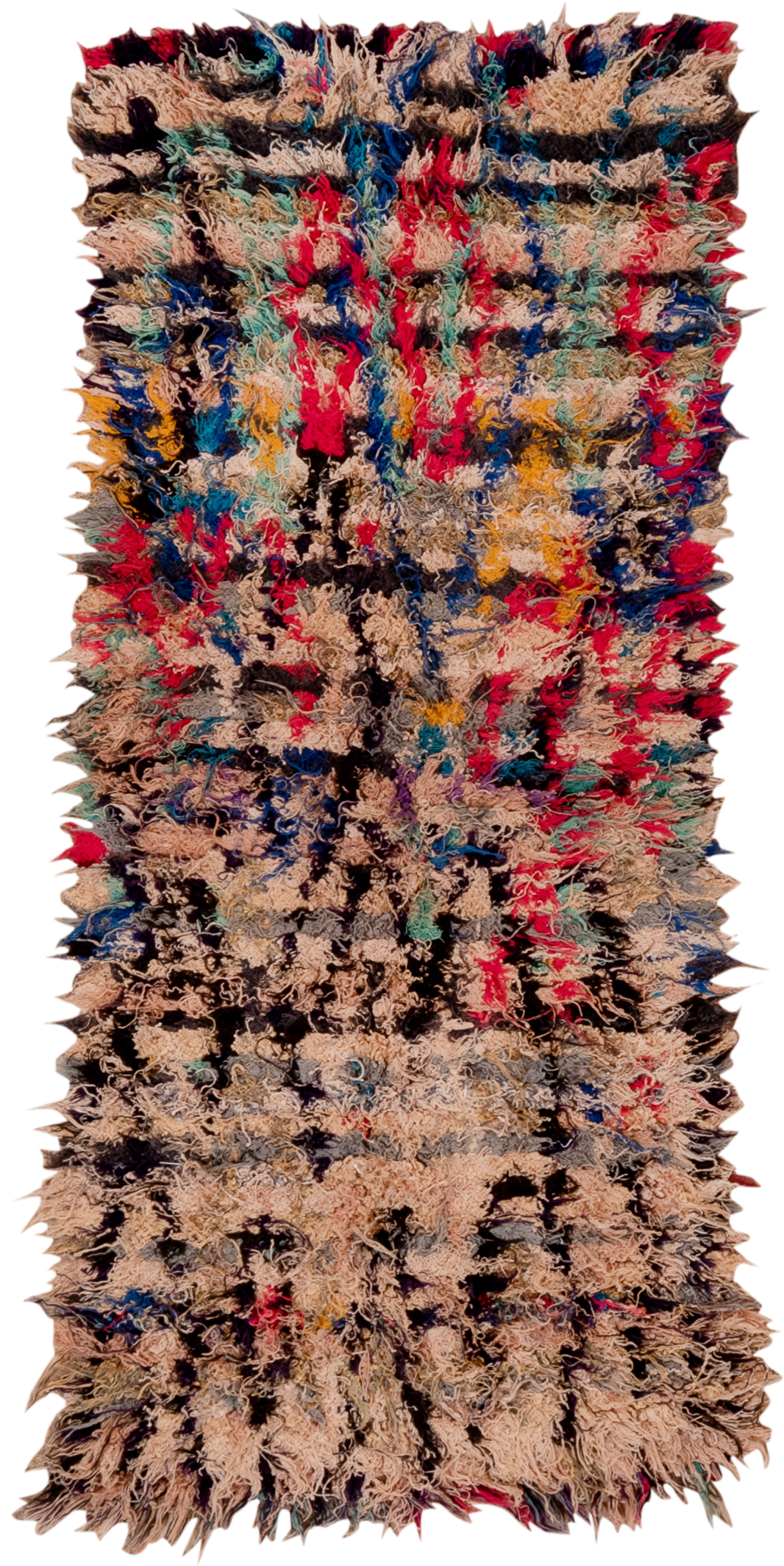 2' x 5' one-of-a-kind handmade vintage Rag Rug small size rug. Color palette: tan, charcoal, crimson, cobalt, turquoise