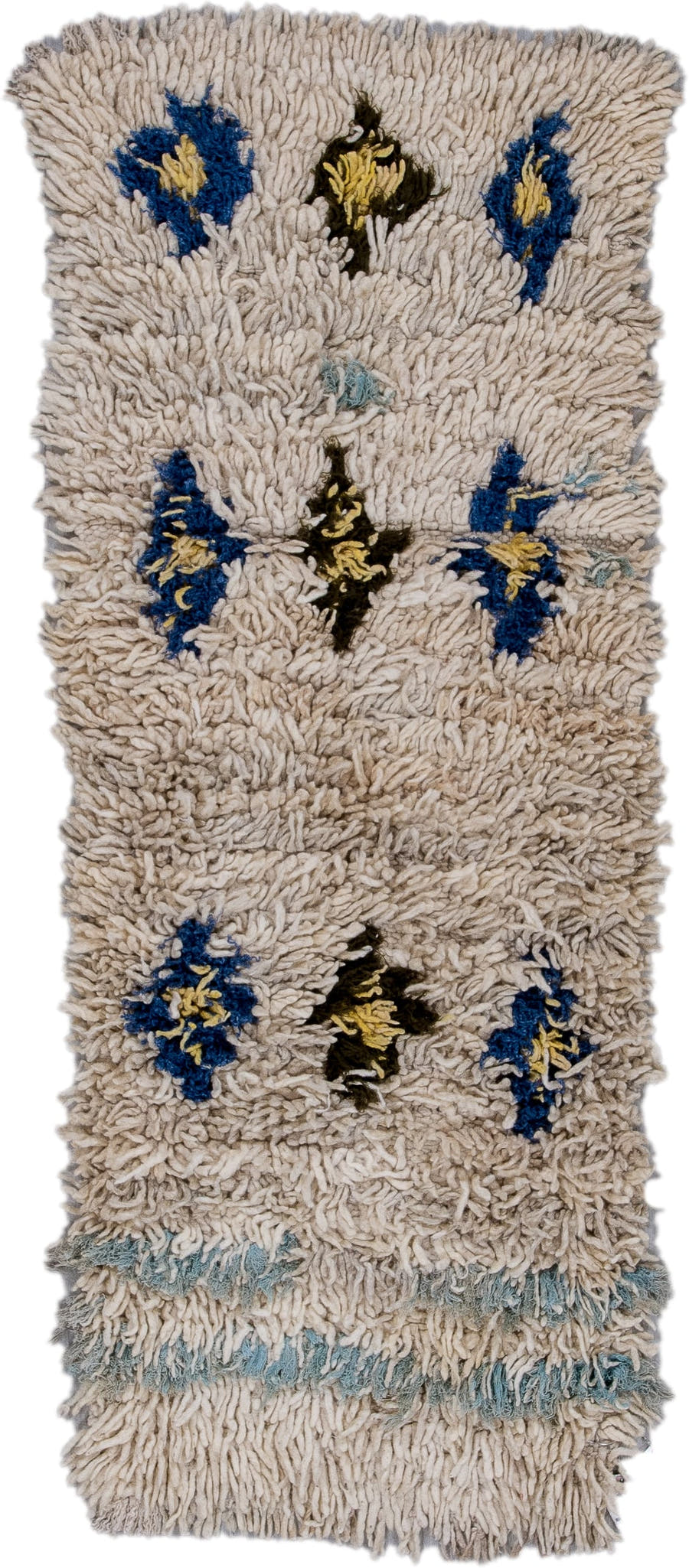 2' x 4' one-of-a-kind handmade vintage Moroccan small size rug. Color palette: ivory, cobalt, charcoal, pale_blue, gold