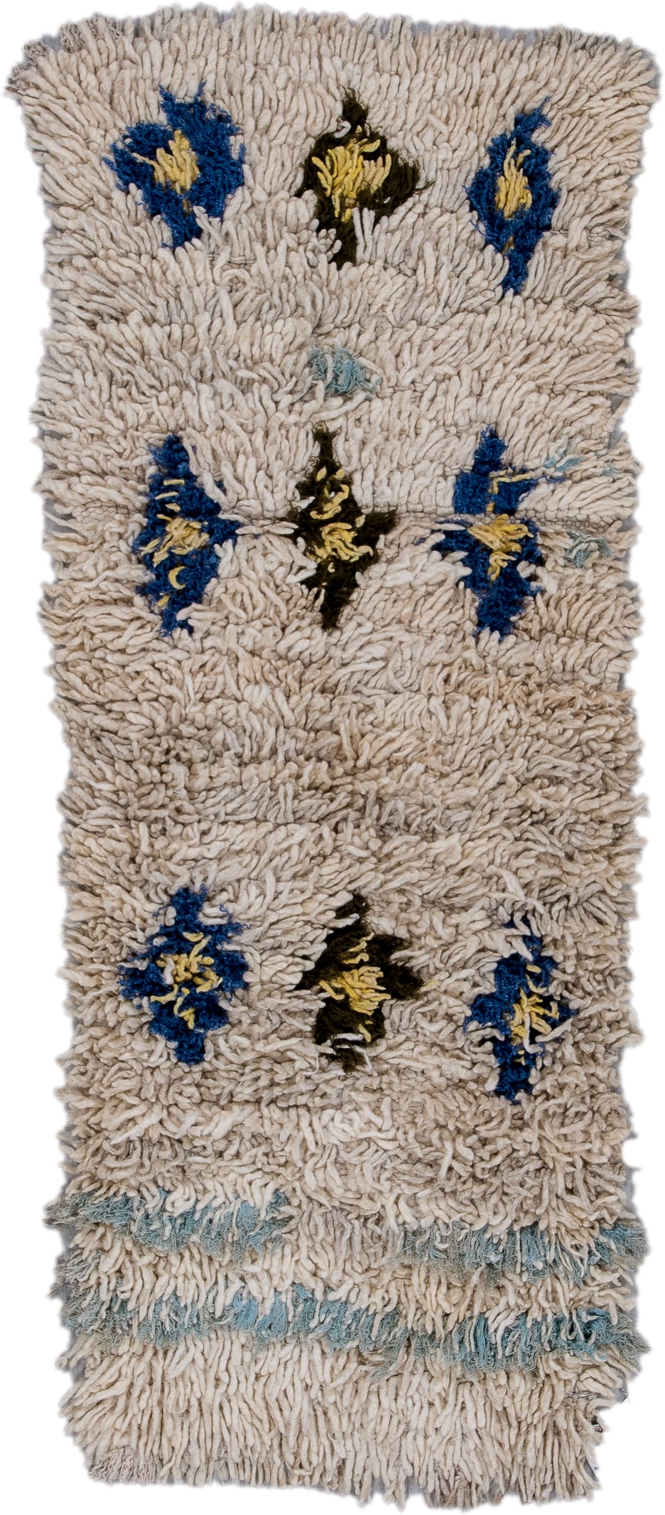 2' x 4' one-of-a-kind handmade vintage Moroccan small size rug. Color palette: ivory, cobalt, charcoal, pale_blue, gold