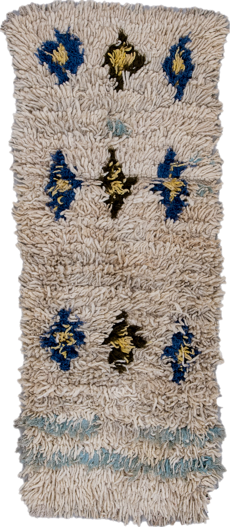2' x 4' one-of-a-kind handmade vintage Moroccan small size rug. Color palette: black, blue, brown, gray, light gray