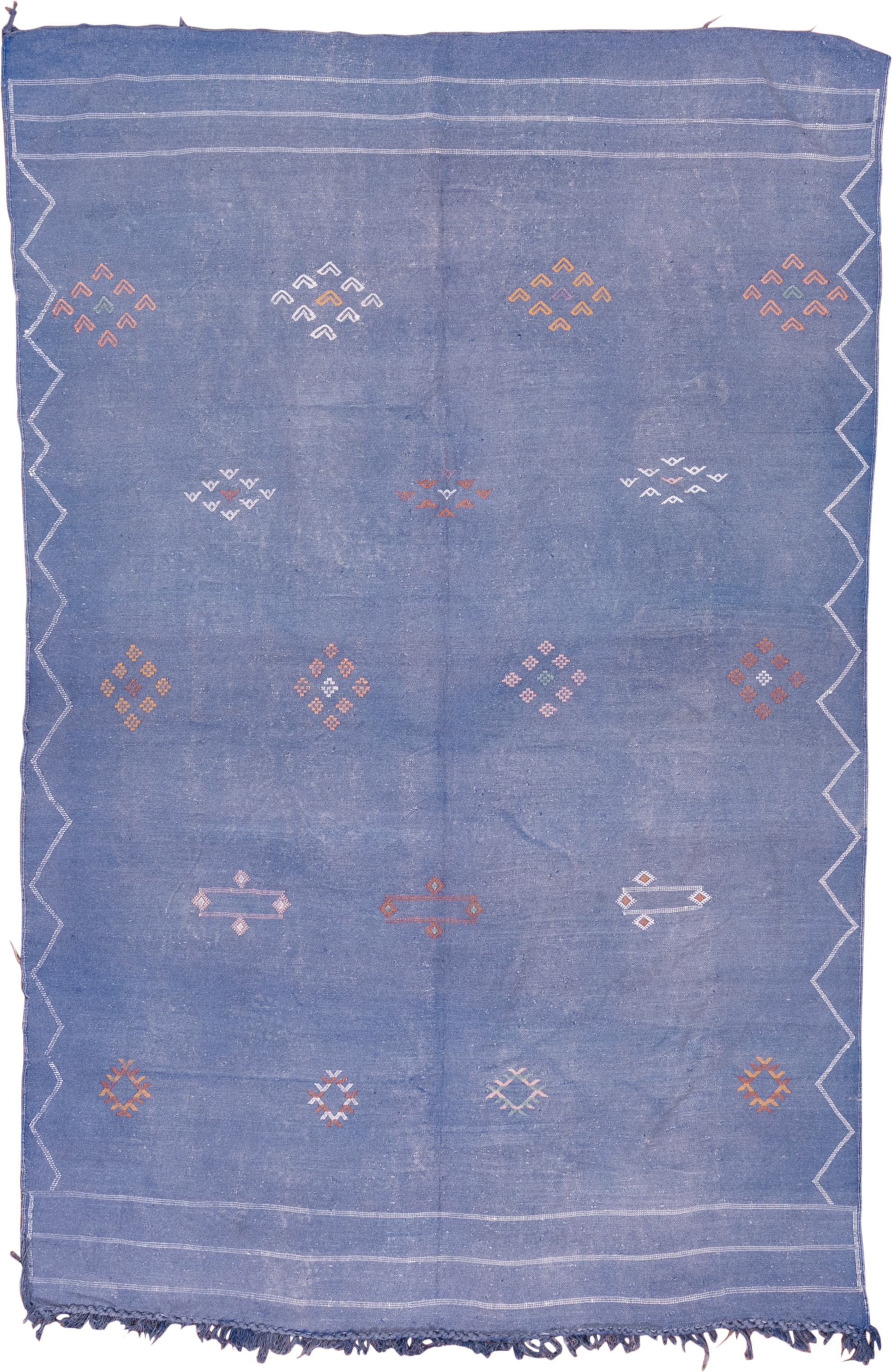 6' x 9' one-of-a-kind handmade vintage Cactus Kilim medium size rug. Color palette: blue, ivory, blush, rust, lavender, pink