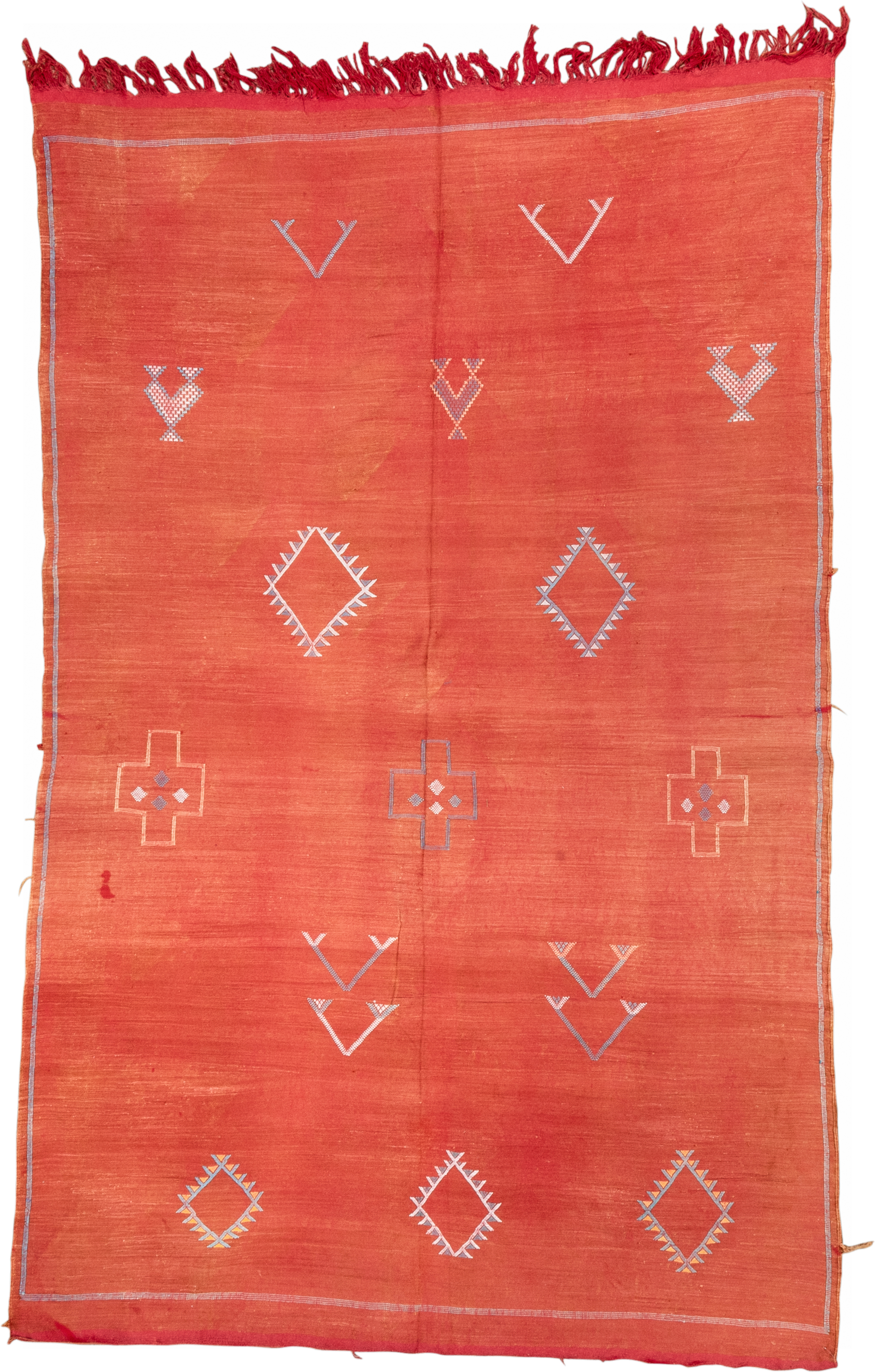 6' x 9' one-of-a-kind handmade vintage Cactus Kilim medium size rug. Color palette: terra cotta, coral, ivory, pale blue