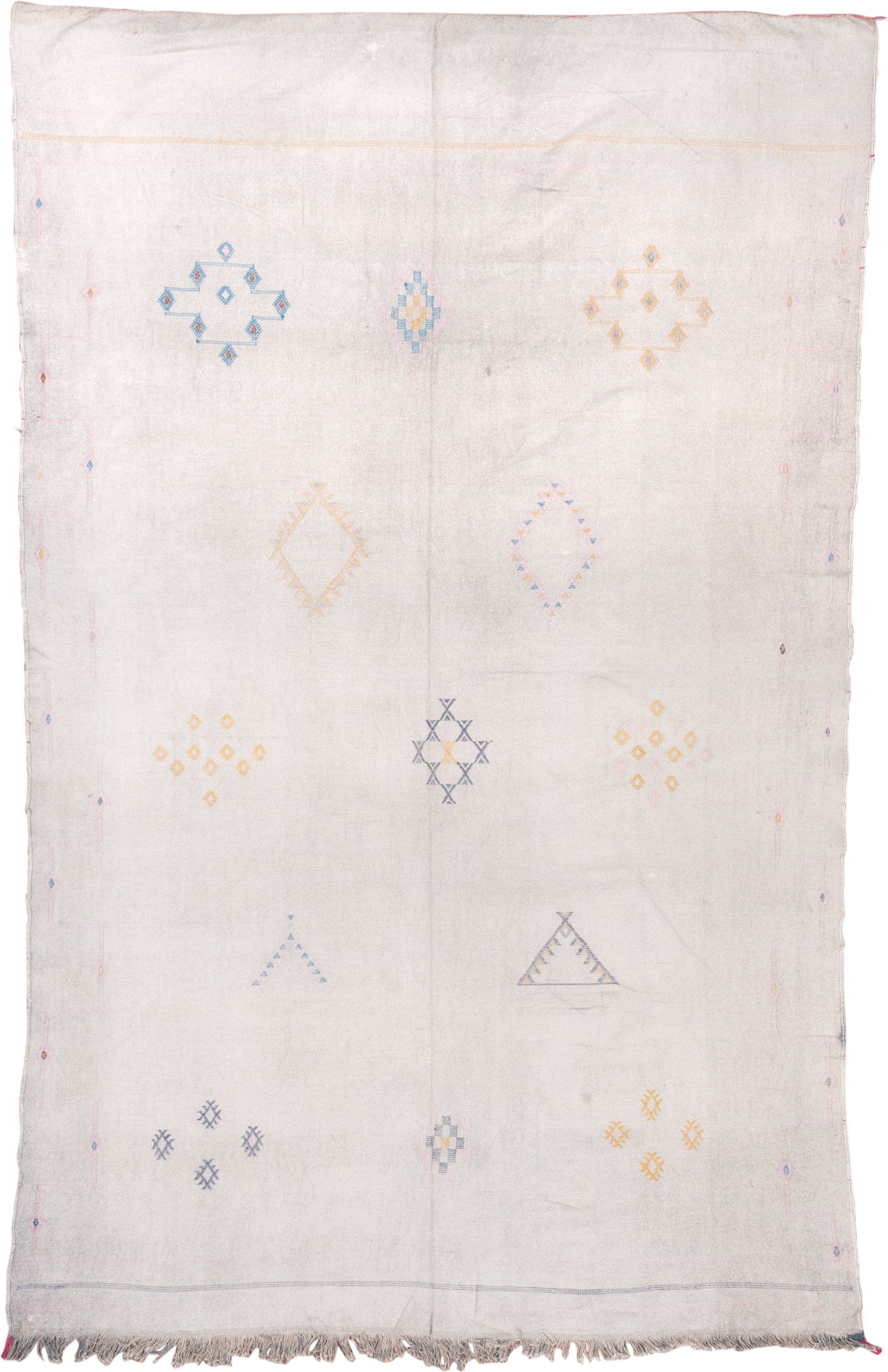 5' x 9' one-of-a-kind handmade vintage Cactus Kilim medium size rug. Color palette: ivory, cream, pale blue, gold, blush