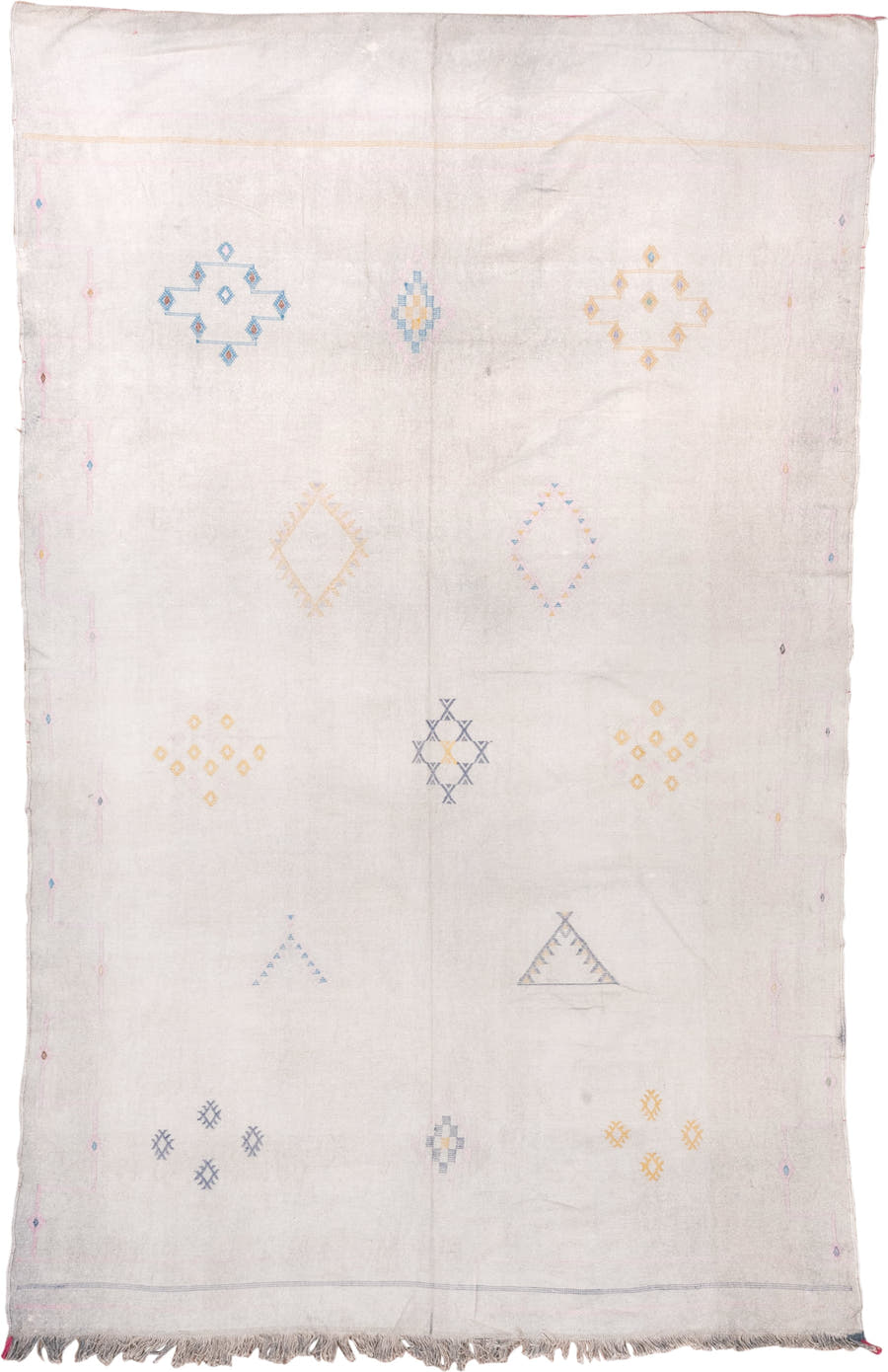 5' x 9' one-of-a-kind handmade vintage Cactus Kilim medium size rug. Color palette: ivory, cream, pale blue, gold, blush