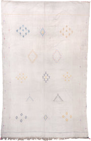 5' x 9' one-of-a-kind handmade vintage Cactus Kilim medium size rug. Color palette: ivory, cream, pale blue, gold, blush