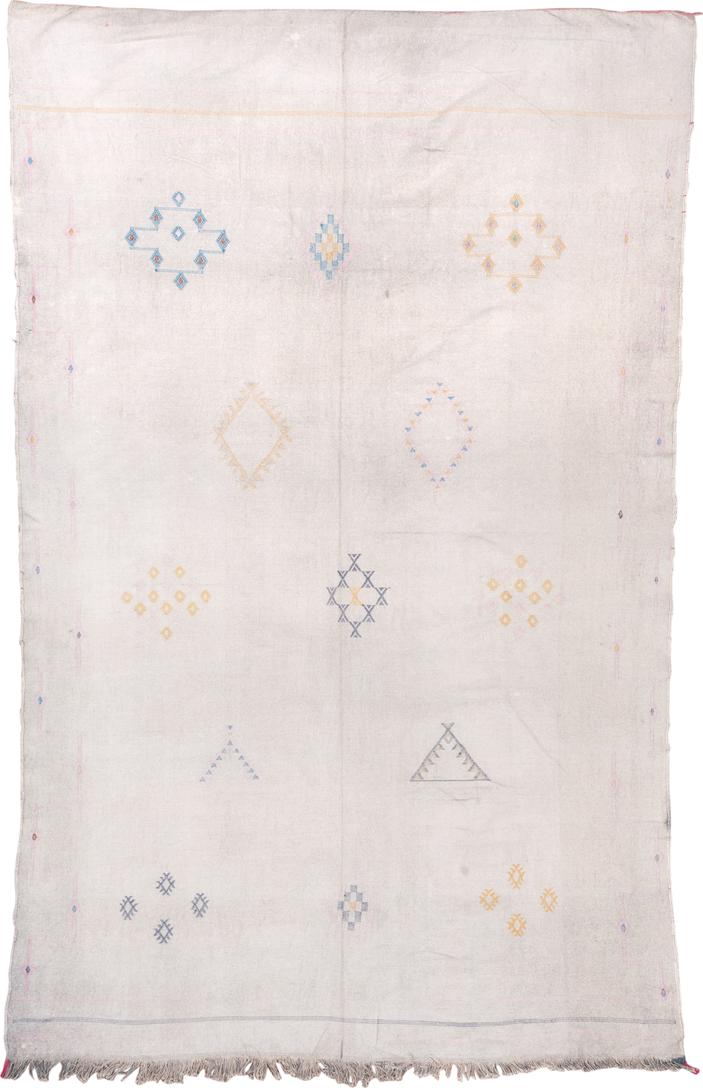 5' x 9' one-of-a-kind handmade vintage Cactus Kilim medium size rug. Color palette: ivory, cream, pale blue, gold, blush