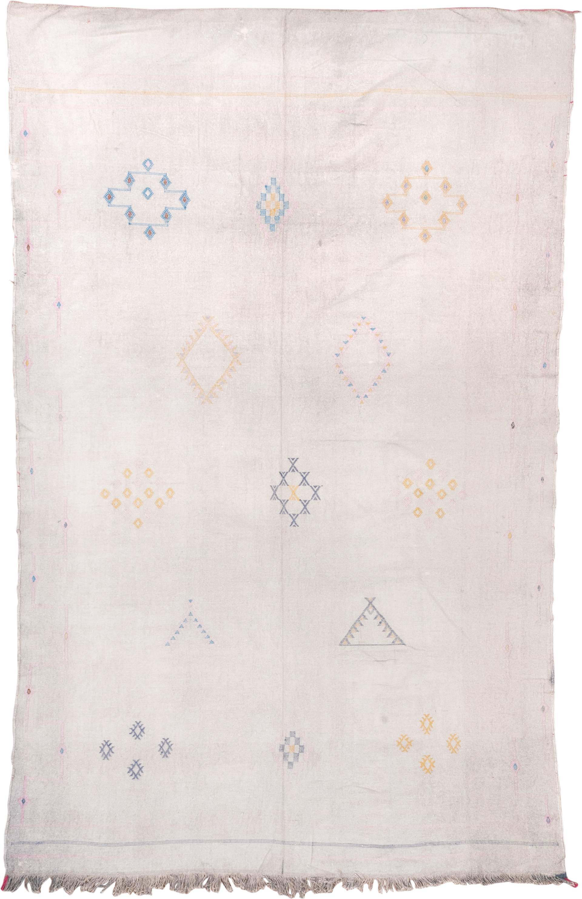 5' x 9' one-of-a-kind handmade vintage Cactus Kilim medium size rug. Color palette: ivory, cream, pale blue, gold, blush