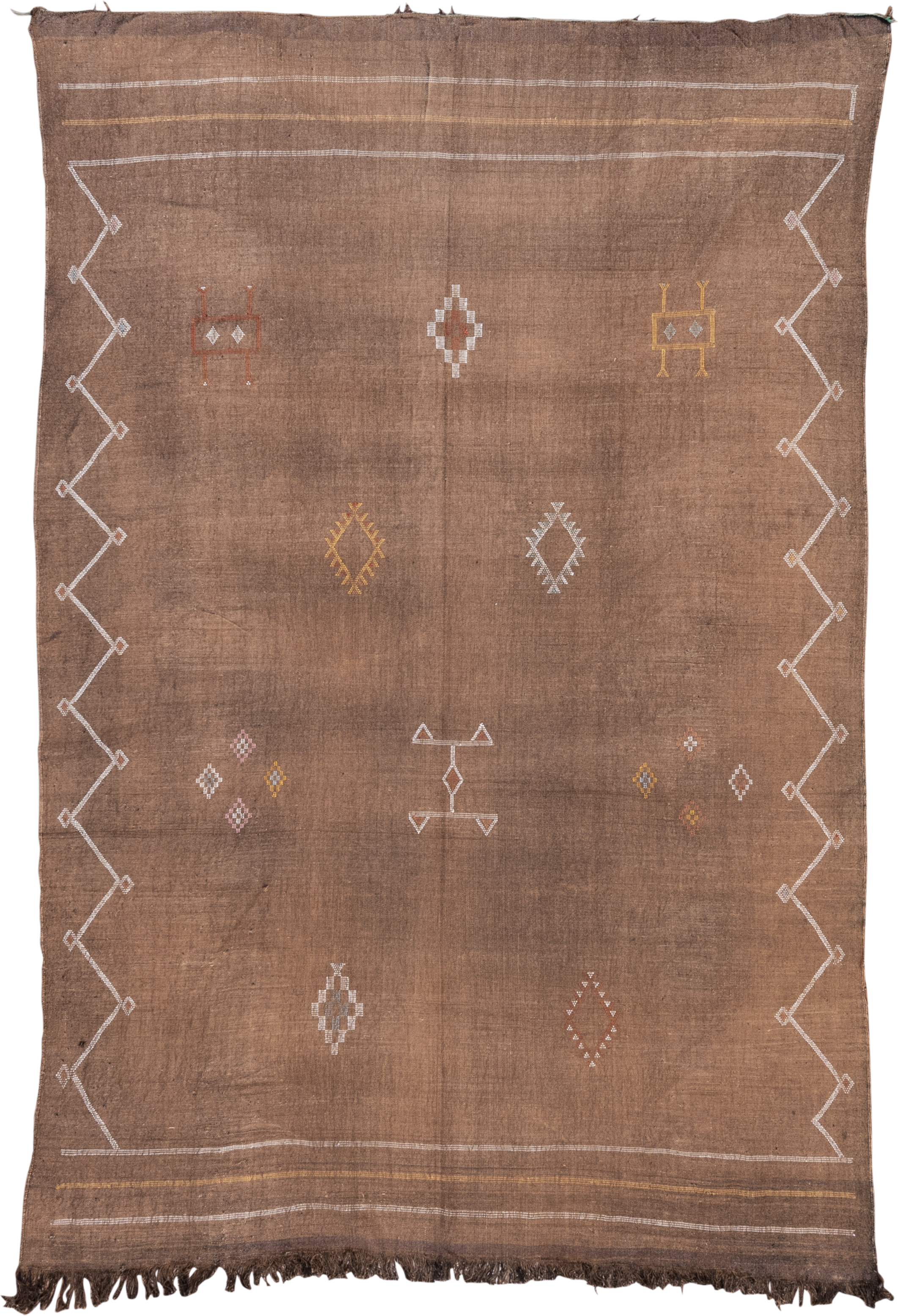 6' x 9' one-of-a-kind handmade vintage Cactus Kilim medium size rug. Color palette: camel, taupe, ivory, ochre, rose, brown