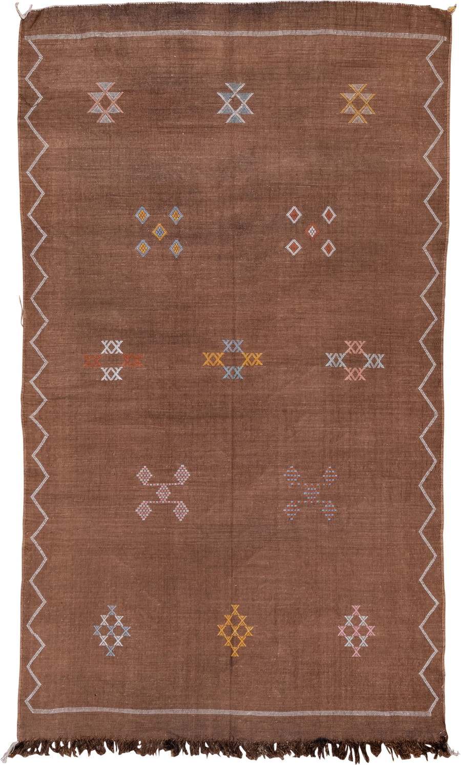4' x 8' one-of-a-kind handmade vintage Cactus Kilim medium size rug. Color palette: camel, brown, ivory, blush, light blue