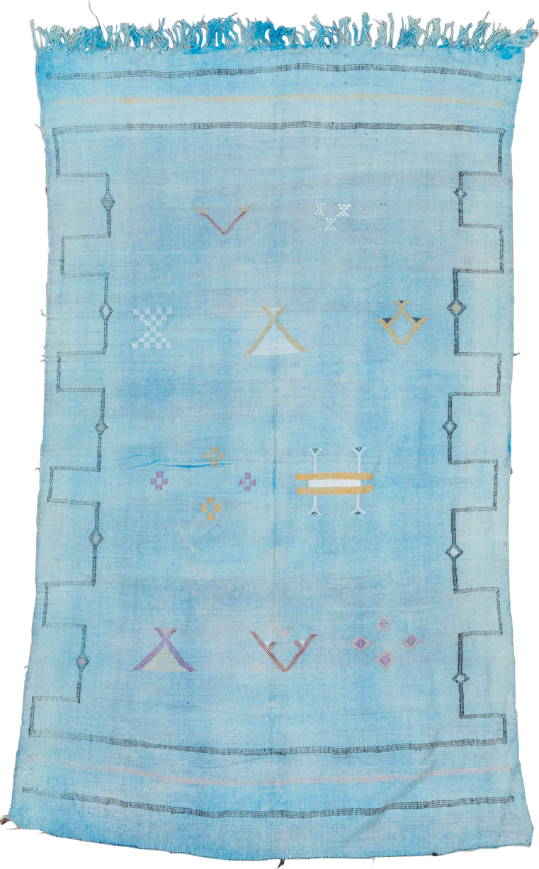 4' x 7' one-of-a-kind handmade vintage Cactus Kilim rug. Color palette: arapawa, blue, brown, gray, light blue, light gray