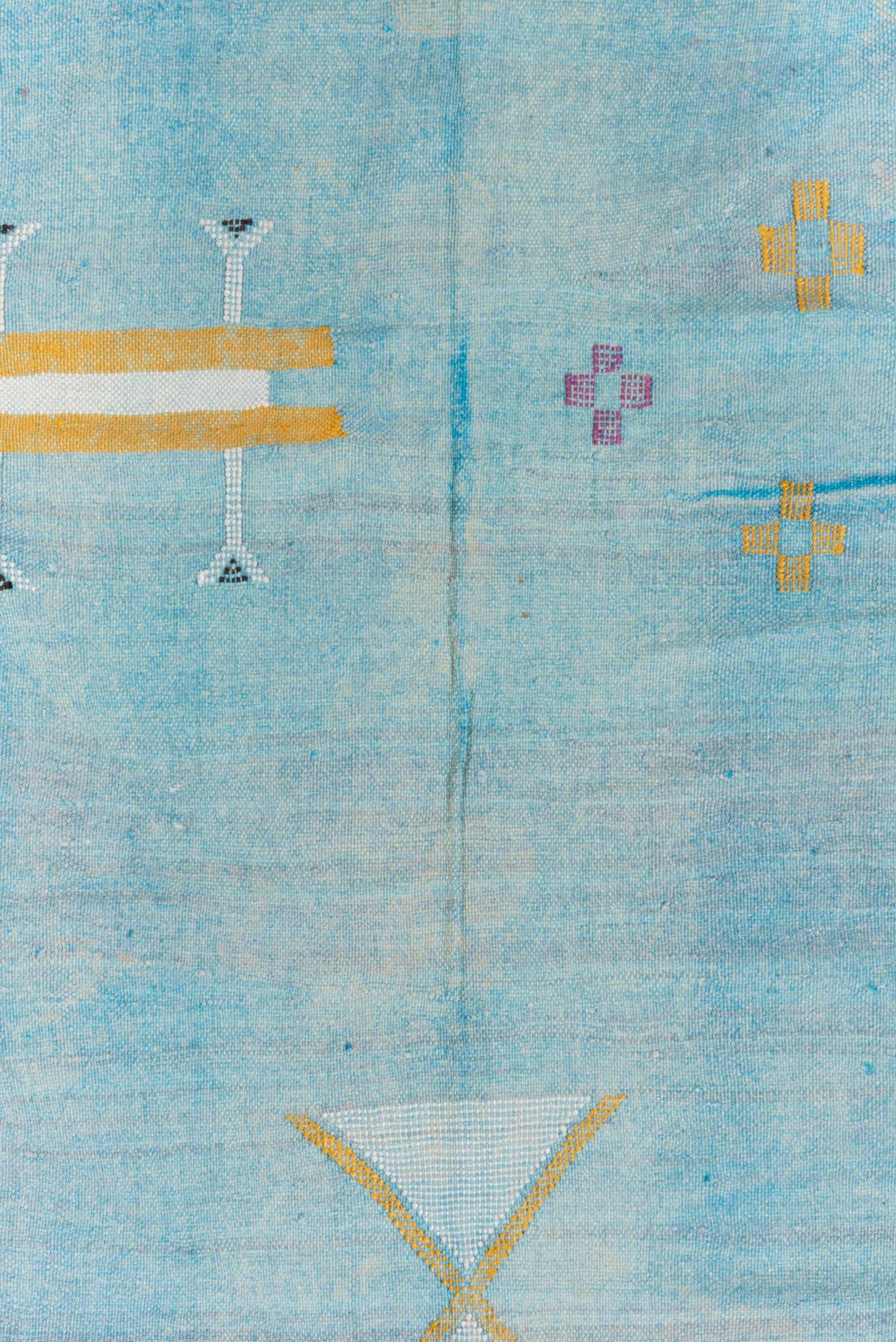 4' x 7' one-of-a-kind handmade vintage Cactus Kilim rug. Color palette: sky blue, turquoise, charcoal, ivory, gold, rose