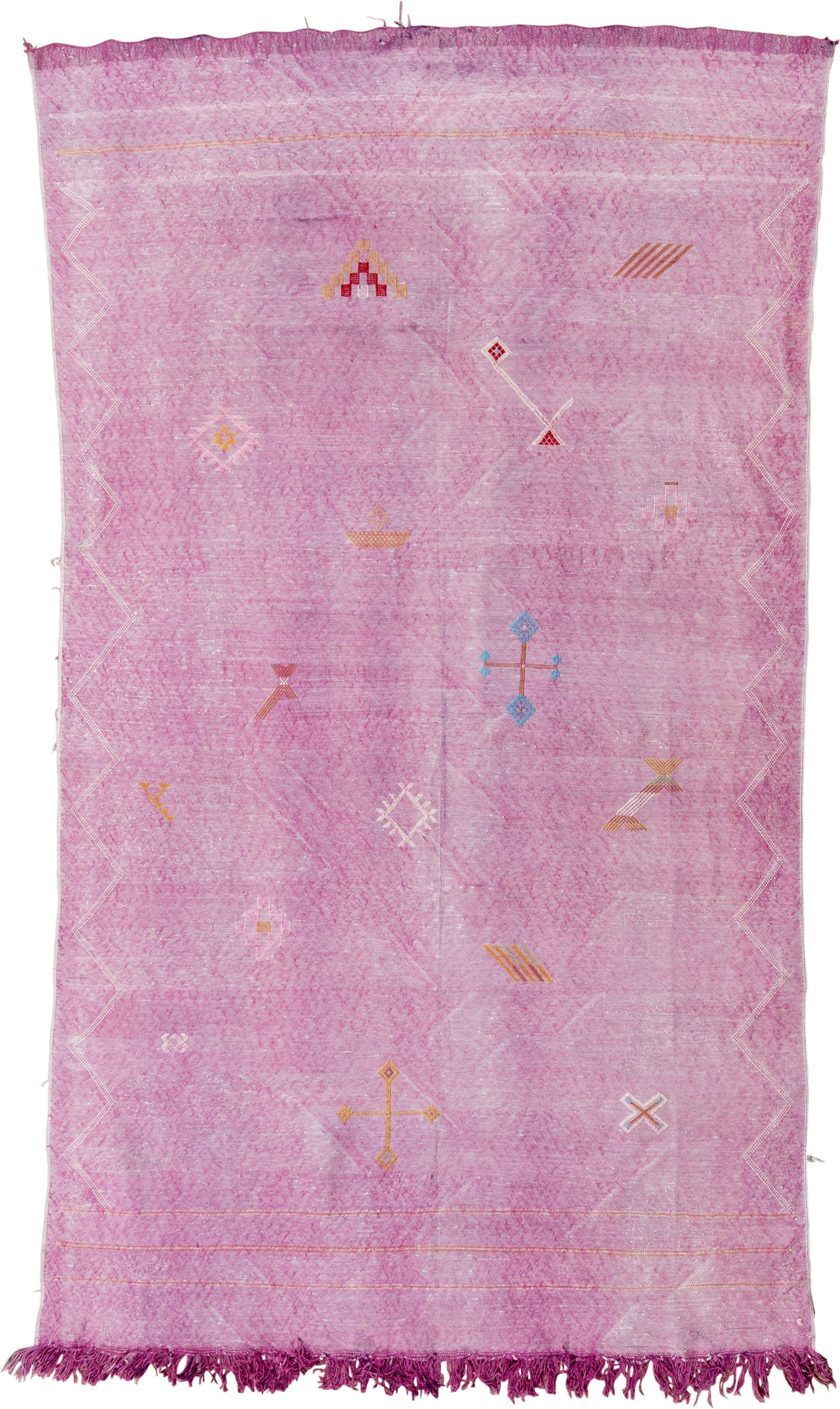 4' x 8' one-of-a-kind handmade vintage Cactus Kilim rug. Color palette: pink, rose, magenta, ivory, saffron, sky_blue