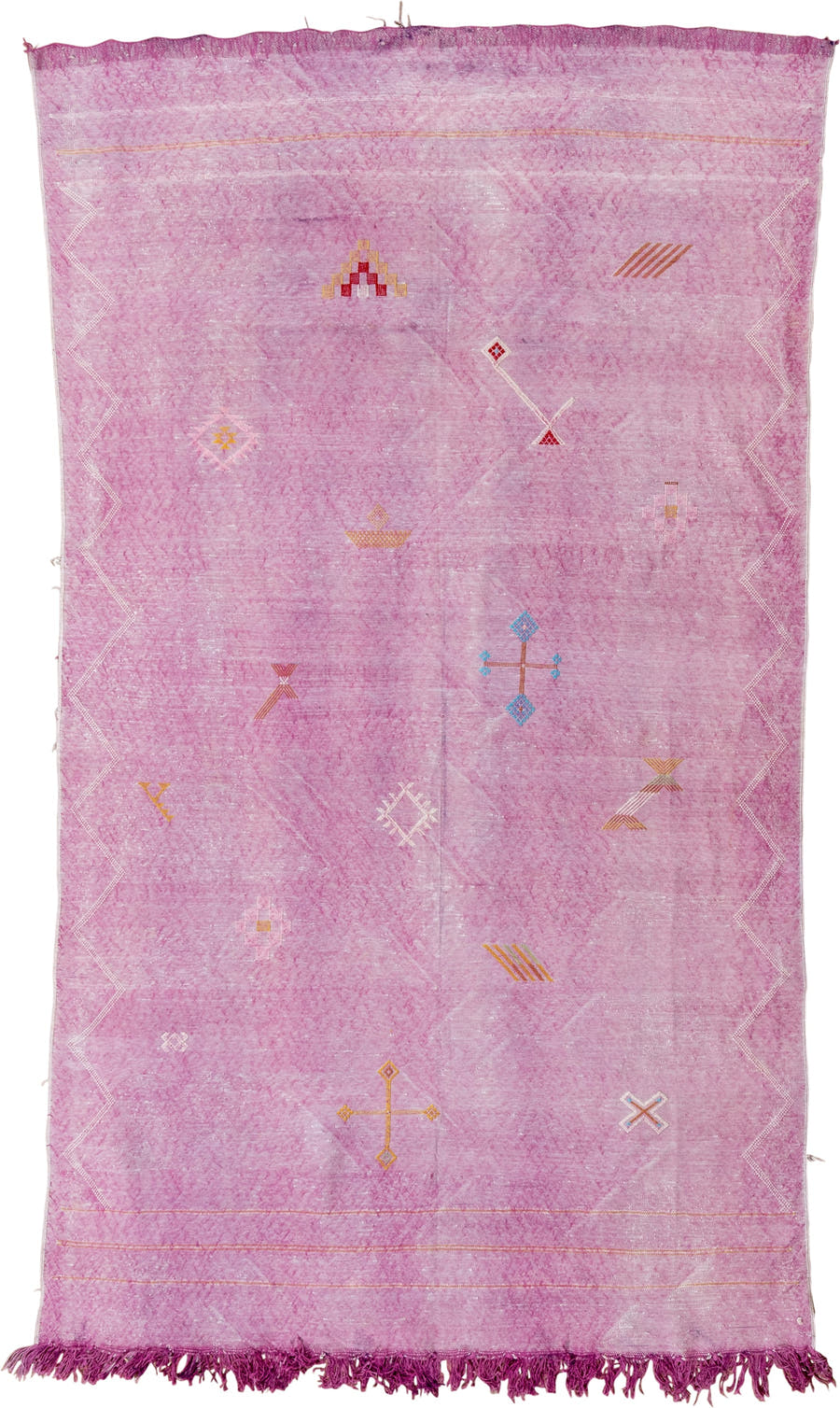4' x 8' one-of-a-kind handmade vintage Cactus Kilim rug. Color palette: pink, rose, magenta, ivory, saffron, sky_blue