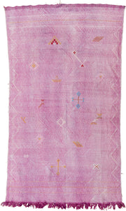 4' x 8' one-of-a-kind handmade vintage Cactus Kilim rug. Color palette: pink, rose, magenta, ivory, saffron, sky_blue