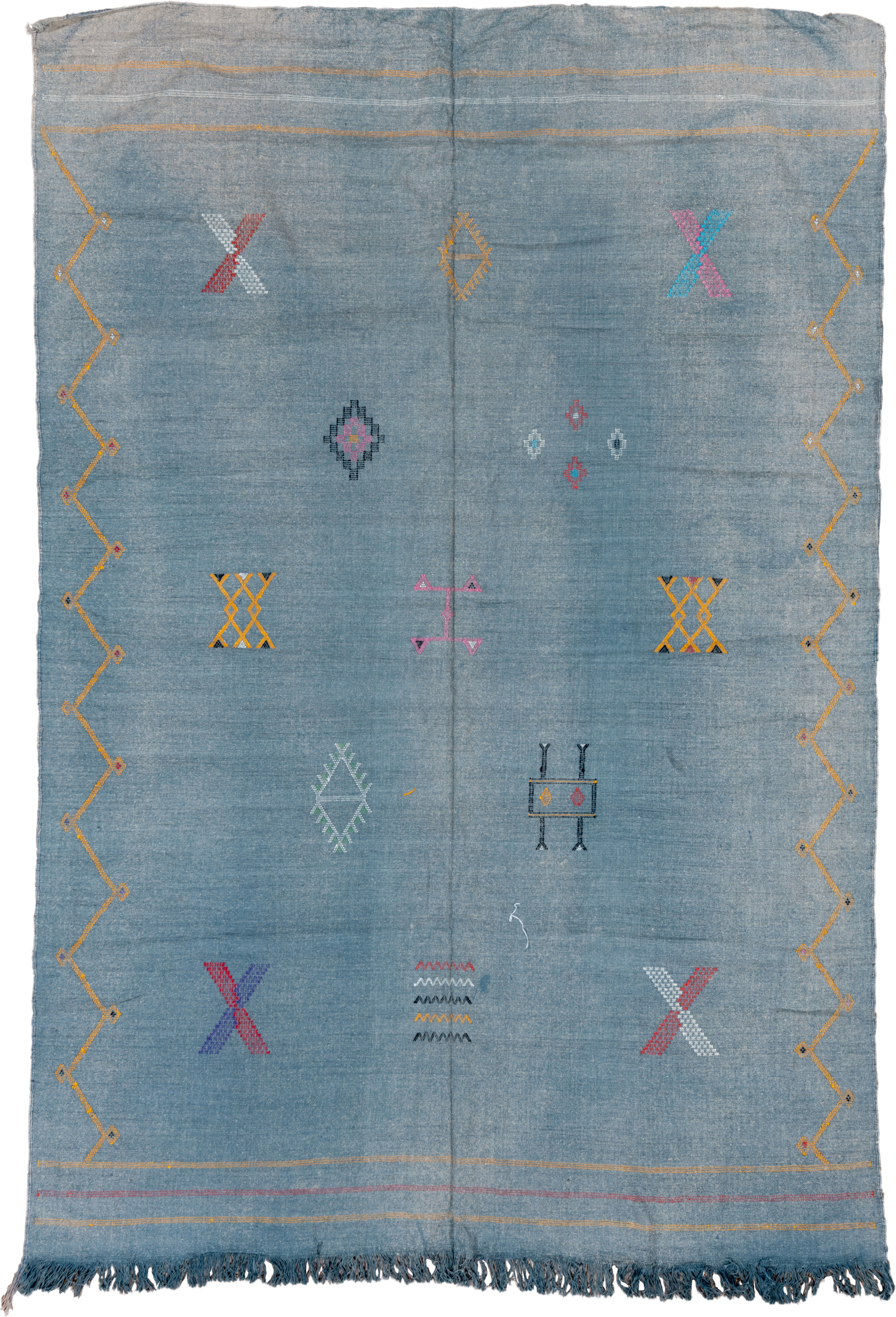 5' x 8' one-of-a-kind handmade vintage Cactus Kilim medium size rug. Color palette: blue, gold, ivory, pink, red, turquoise