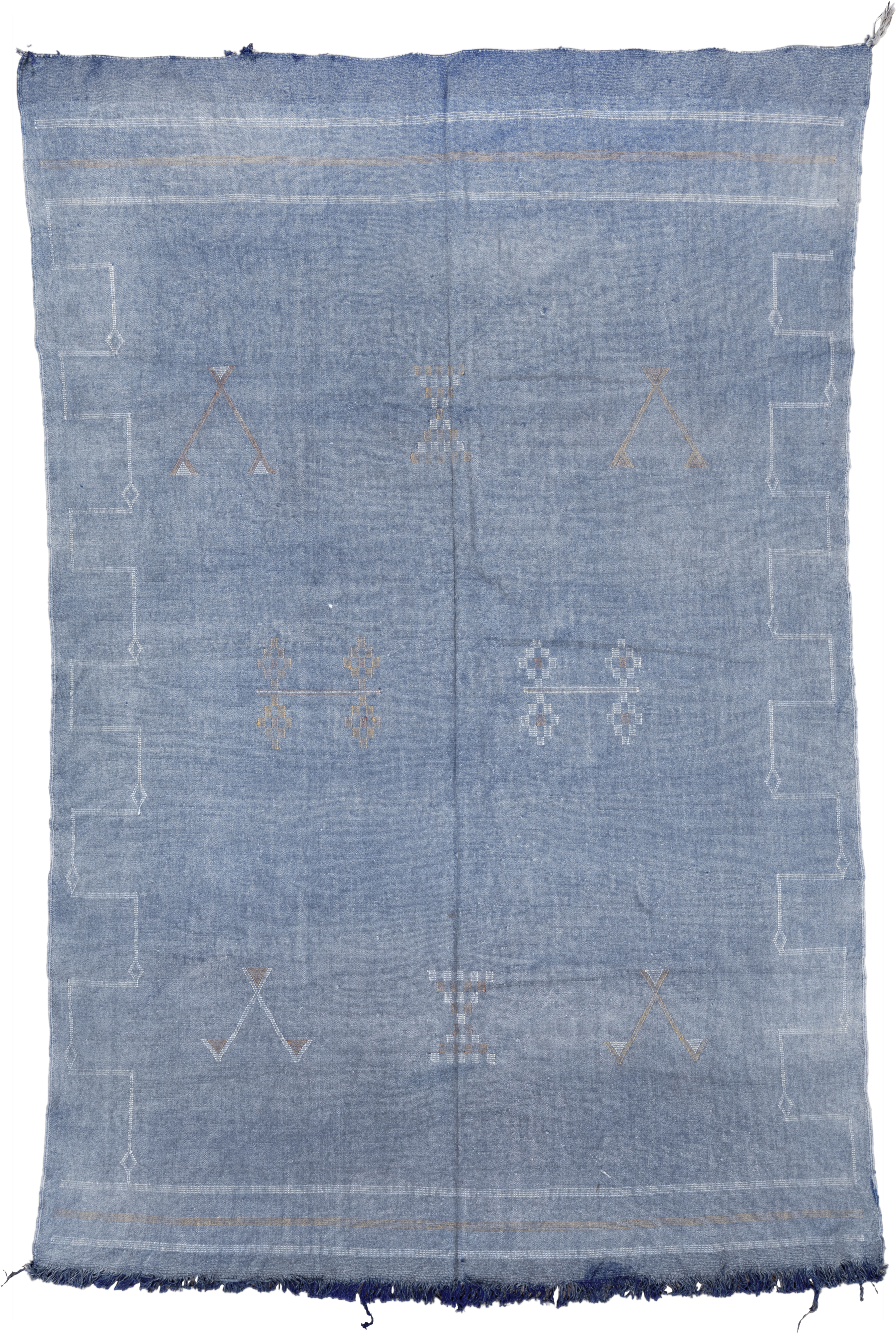 5' x 8' one-of-a-kind handmade vintage Cactus Kilim medium size rug. Color palette: faded blue, ivory, taupe, slate, blue