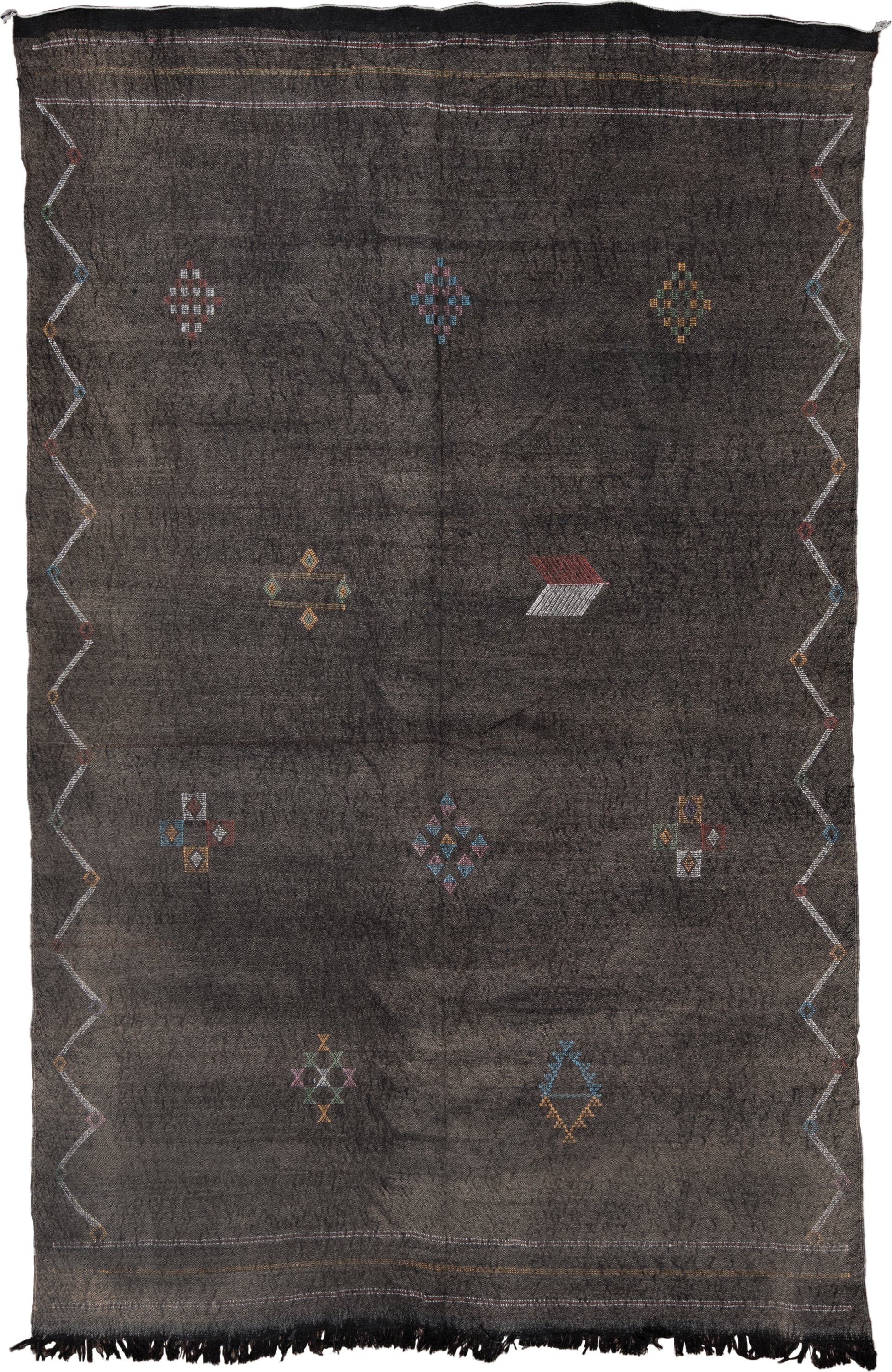 5' x 9' one-of-a-kind handmade vintage Cactus Kilim medium size rug. Color palette: charcoal, slate, ivory, rust, sky blue