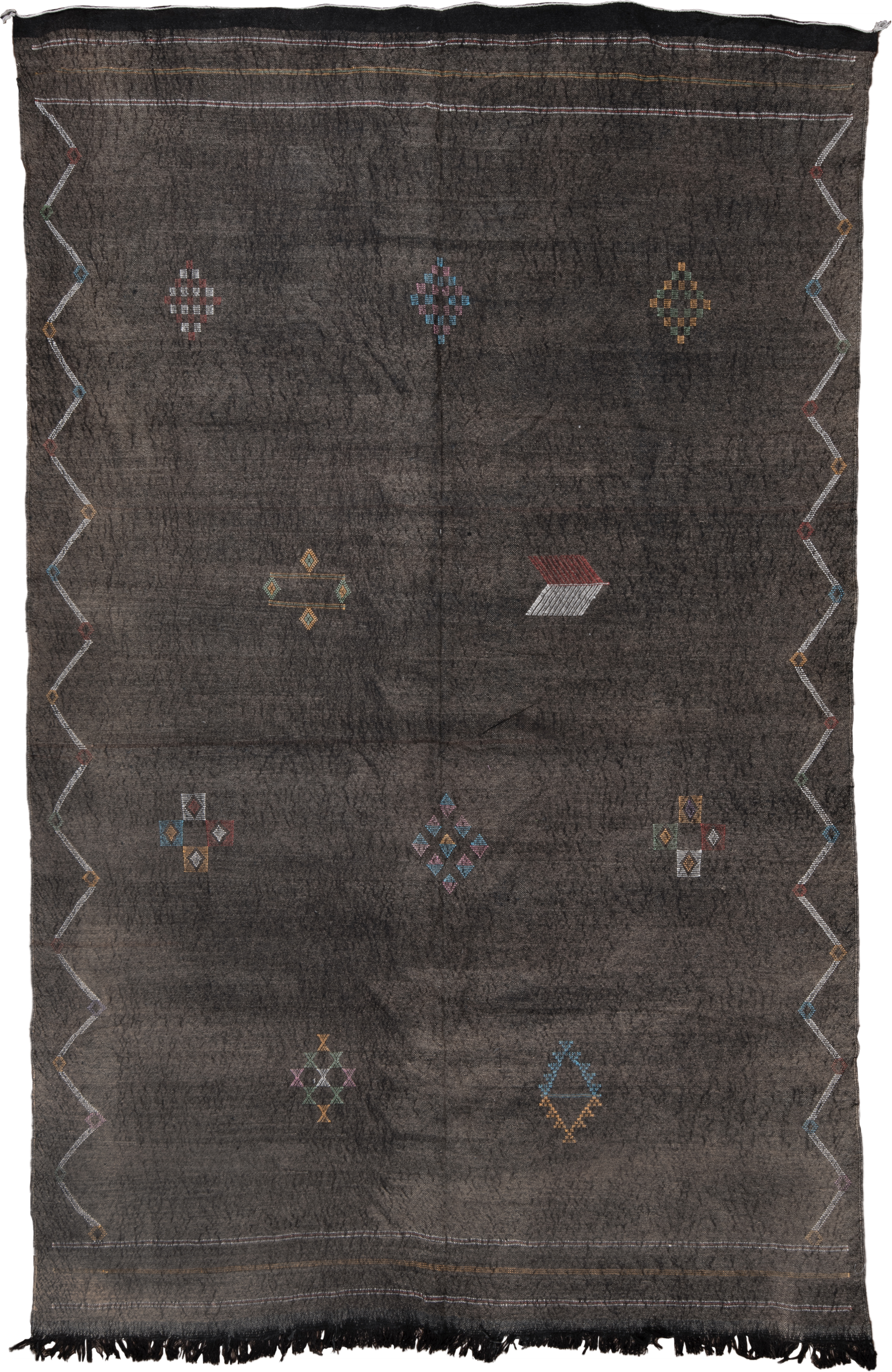 5' x 9' one-of-a-kind handmade vintage Cactus Kilim medium size rug. Color palette: charcoal, slate, ivory, rust, sky blue