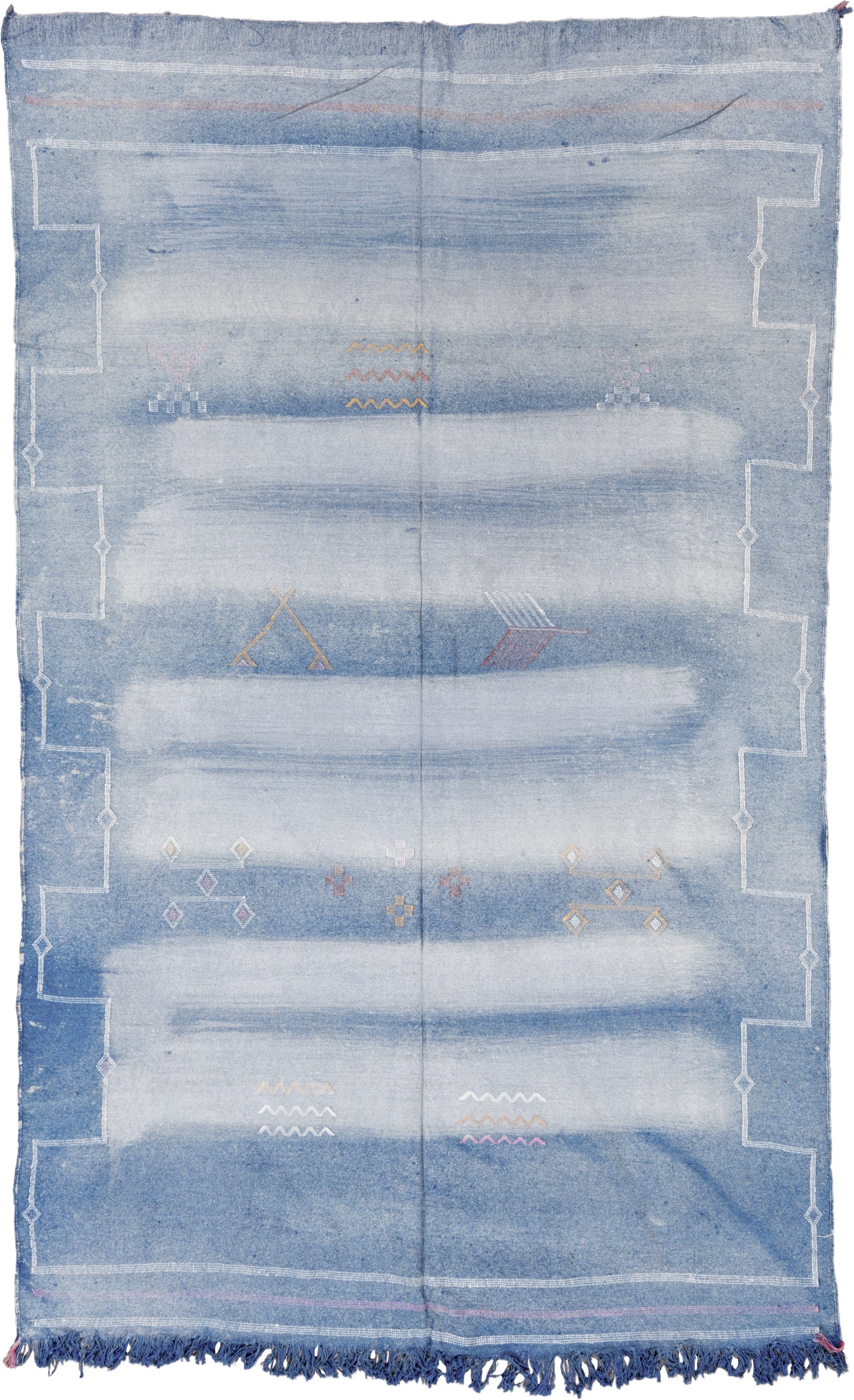 5' x 8' one-of-a-kind handmade vintage Cactus Kilim medium size rug. Color palette: blue, ivory, white, rose, saffron