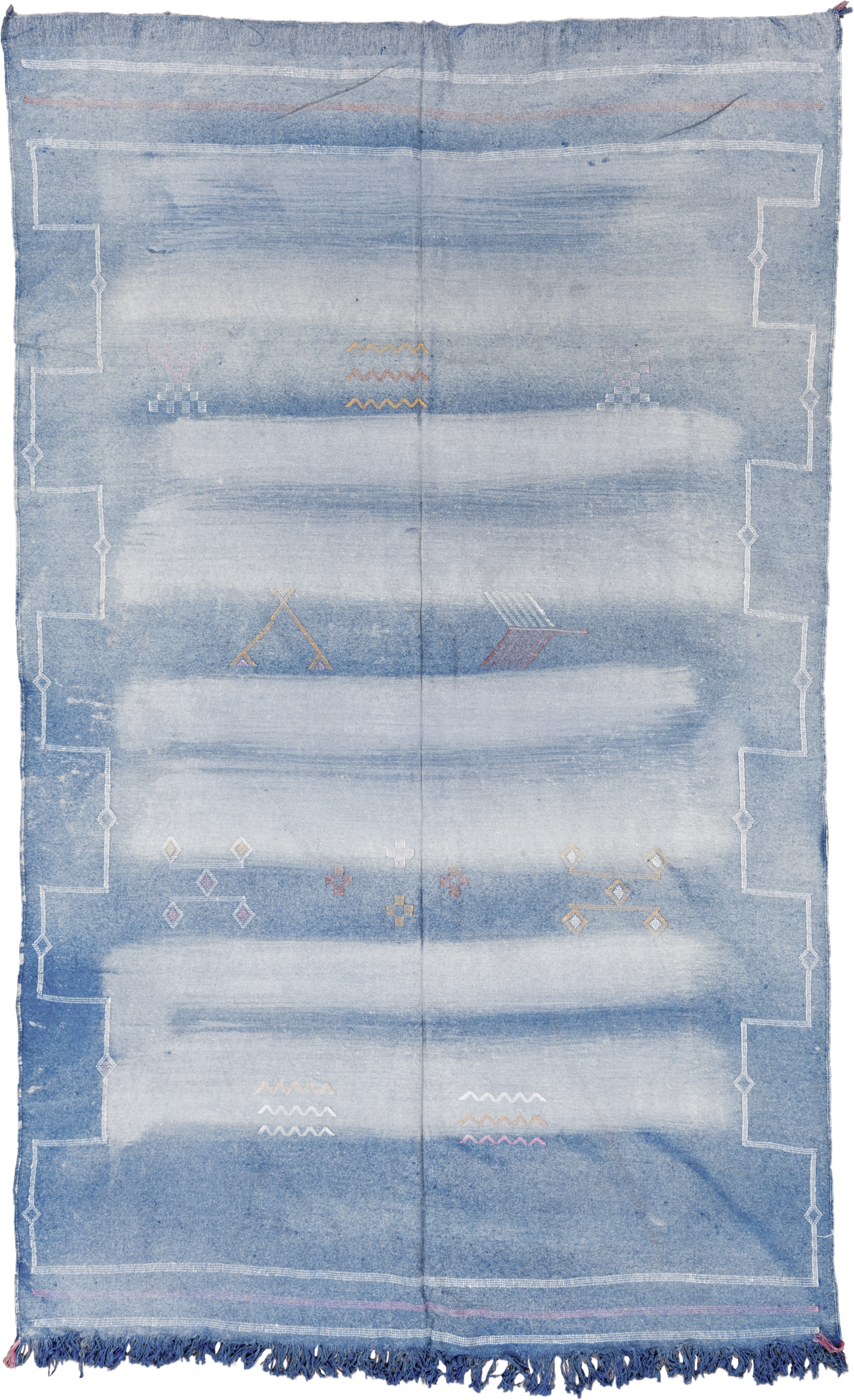 5' x 8' one-of-a-kind handmade vintage Cactus Kilim medium size rug. Color palette: blue, ivory, white, rose, saffron