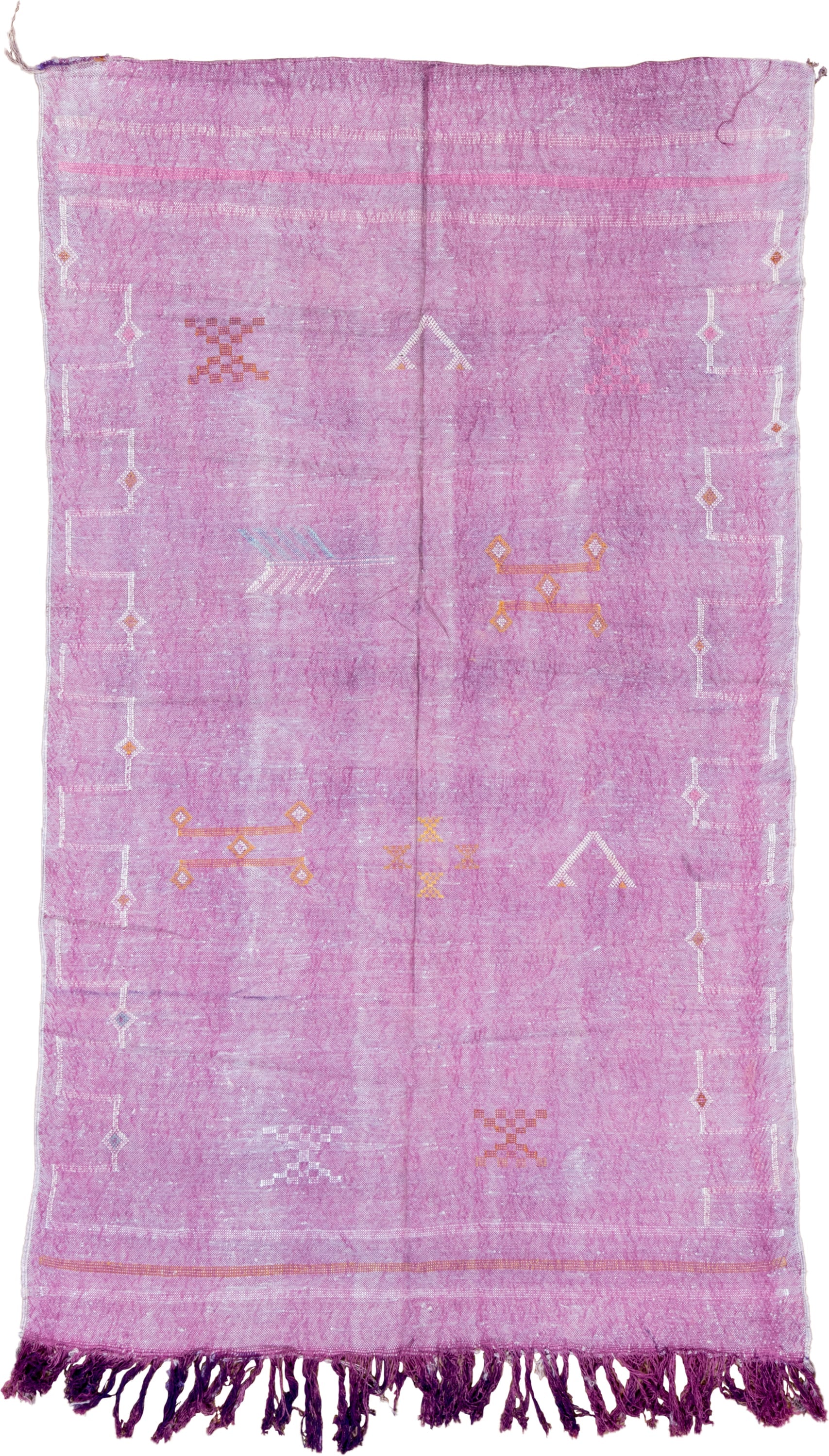 4' x 7' one-of-a-kind handmade vintage Cactus Kilim rug. Color palette: pink, lavender, ivory, rose, orange, plum