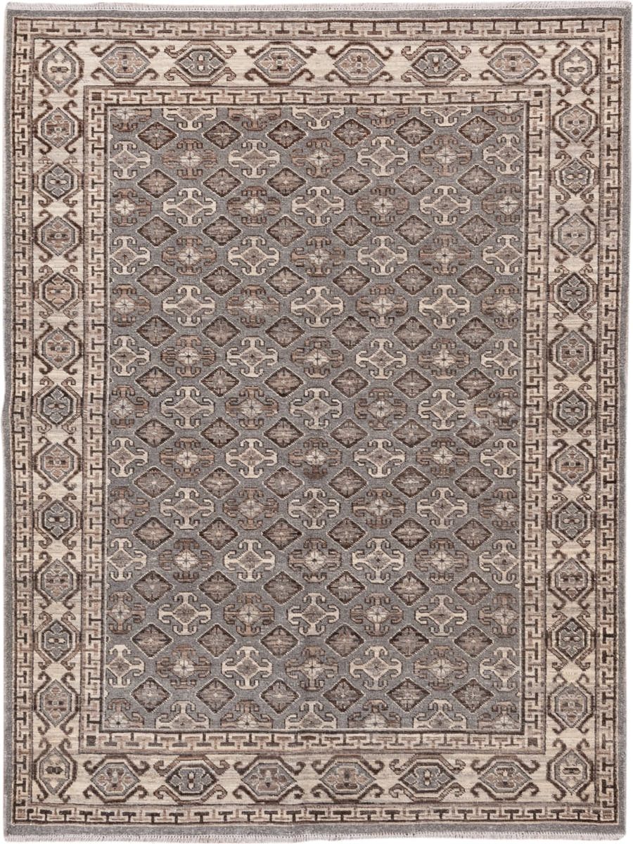 4' x 6' one-of-a-kind handmade vintage Khotan small size rug. Color palette: taupe, ivory, brown, charcoal, camel, greige