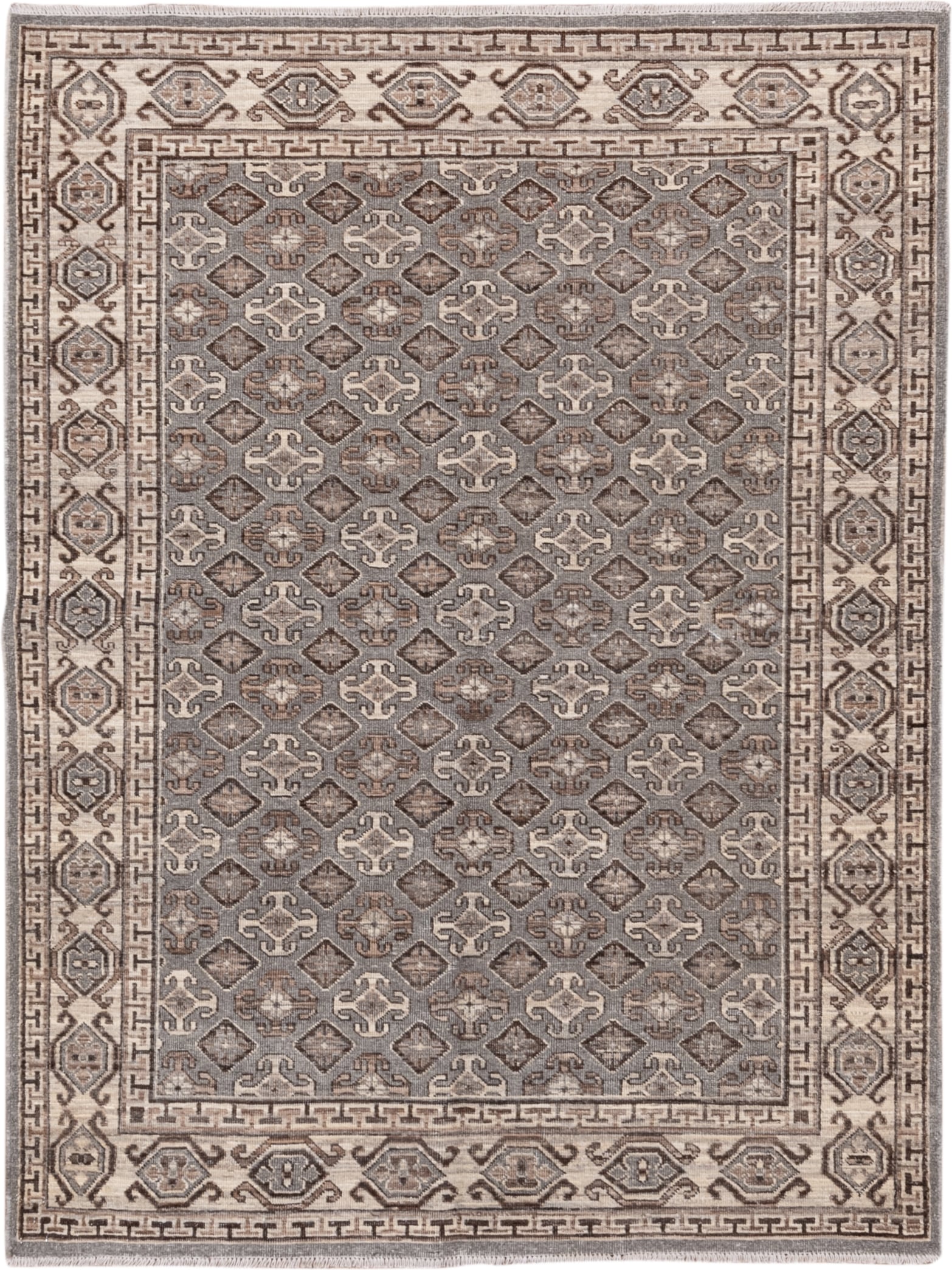 4' x 6' one-of-a-kind handmade vintage Khotan small size rug. Color palette: taupe, ivory, brown, charcoal, camel, greige