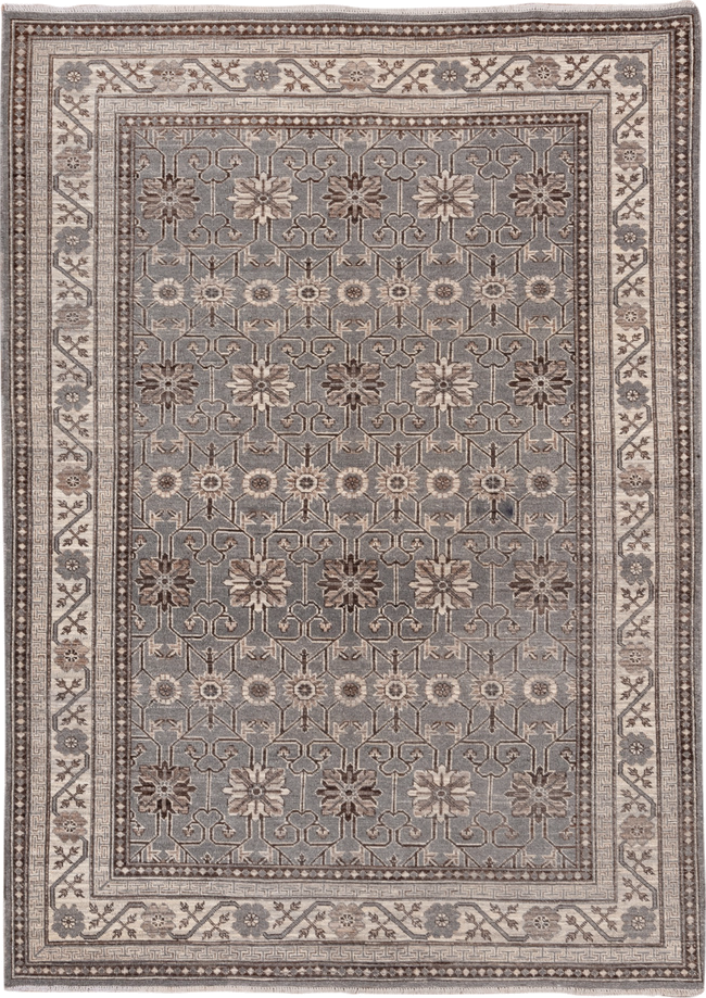 5' x 7' one-of-a-kind handmade vintage Khotan rug. Color palette: gray, ivory, taupe, brown, charcoal, beige, black