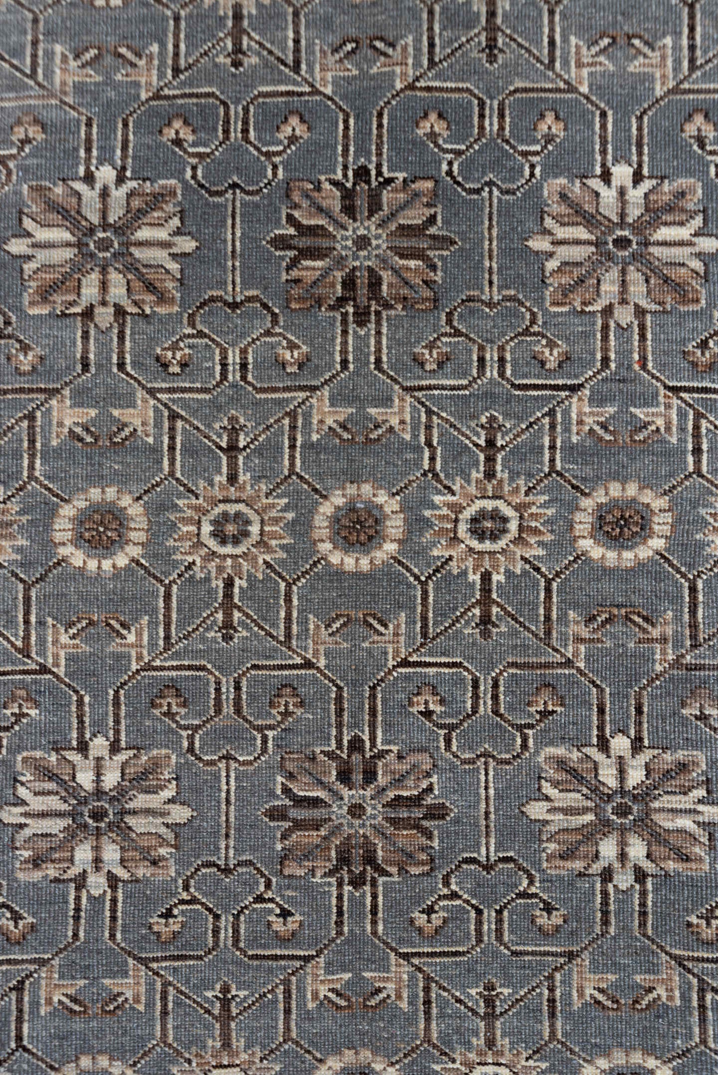 5' x 7' one-of-a-kind handmade vintage Khotan rug. Color palette: gray, ivory, taupe, brown, charcoal, beige, black