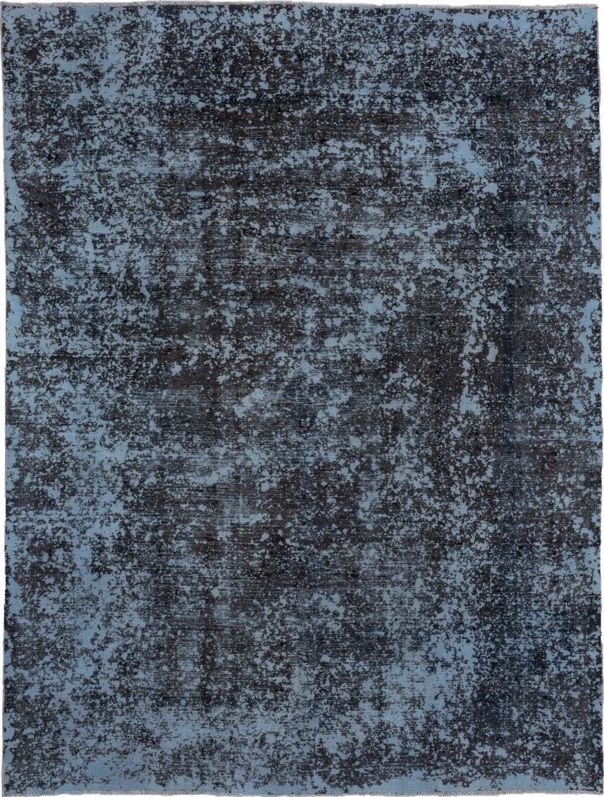 9' x 12' one-of-a-kind handmade vintage Overdyed large size rug. Color palette: black, blue, gray, light slate gray