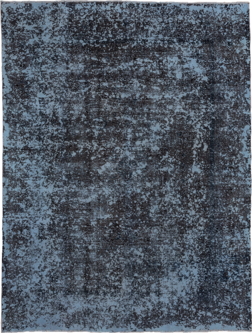 9' x 12' one-of-a-kind handmade vintage Overdyed large size rug. Color palette: blue, charcoal, slate, black, gray