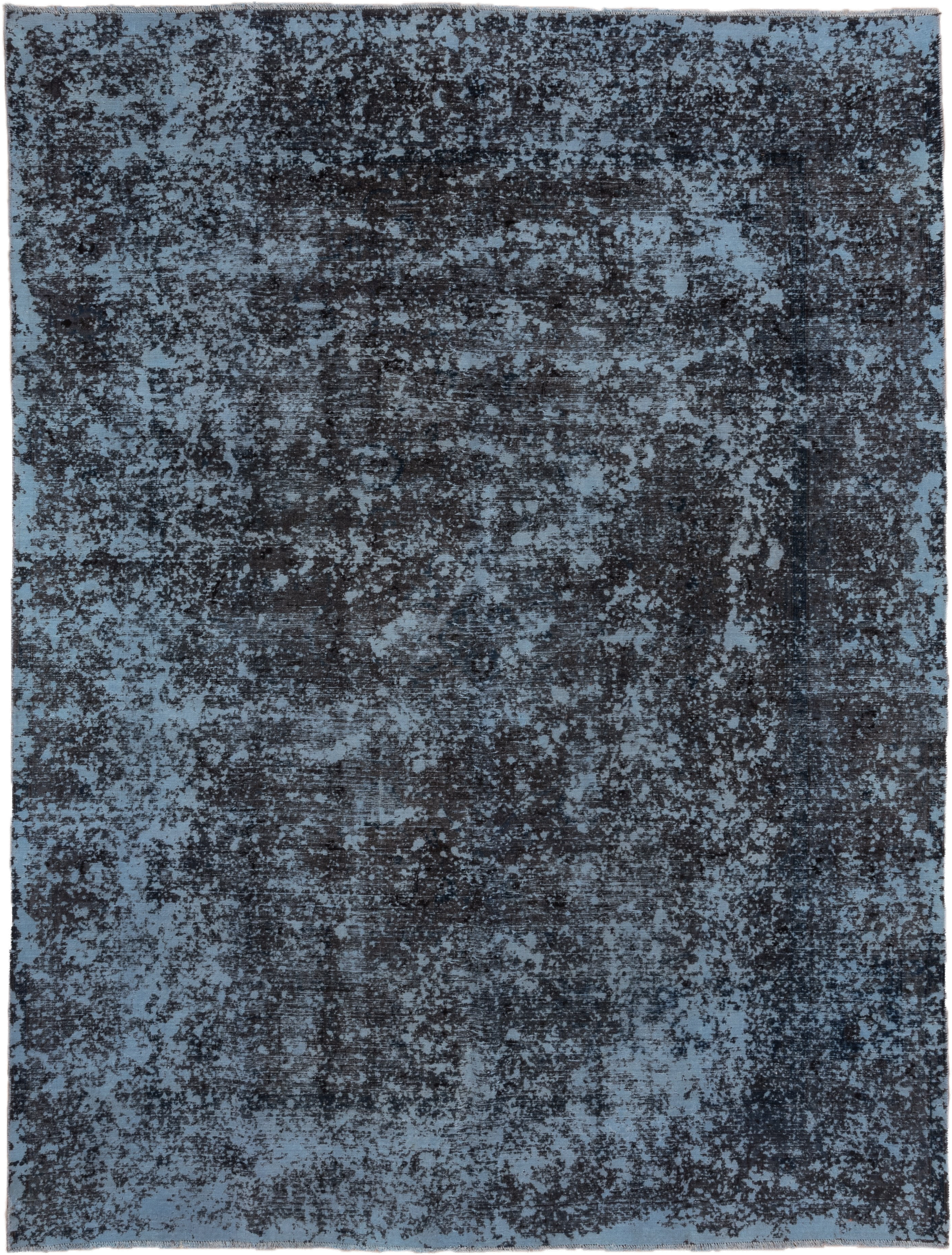 9' x 12' one-of-a-kind handmade vintage Overdyed large size rug. Color palette: blue, charcoal, slate, black, gray