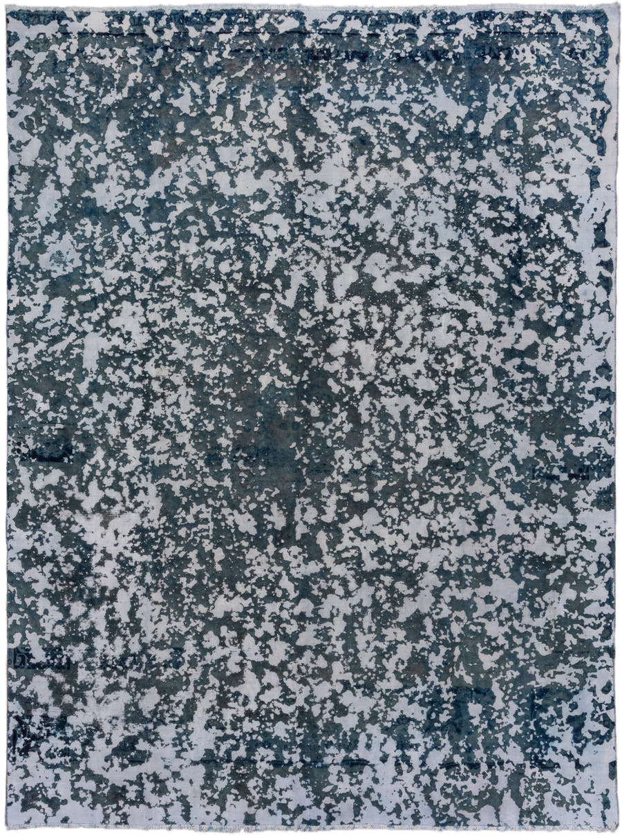 9' x 12' one-of-a-kind handmade vintage Overdyed large size rug. Color palette: blue, slate, ivory, charcoal, steel_blue