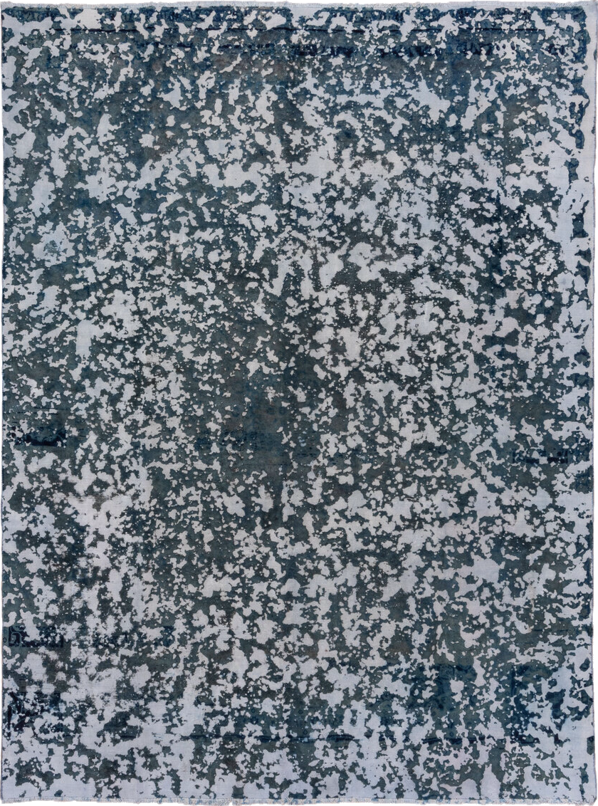 9' x 12' one-of-a-kind handmade vintage Overdyed large size rug. Color palette: black, blue, dark gray, gray, light blue