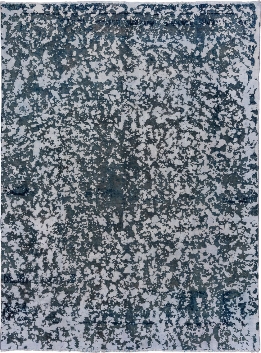 9' x 12' one-of-a-kind handmade vintage Overdyed large size rug. Color palette: blue, slate, ivory, charcoal, steel_blue