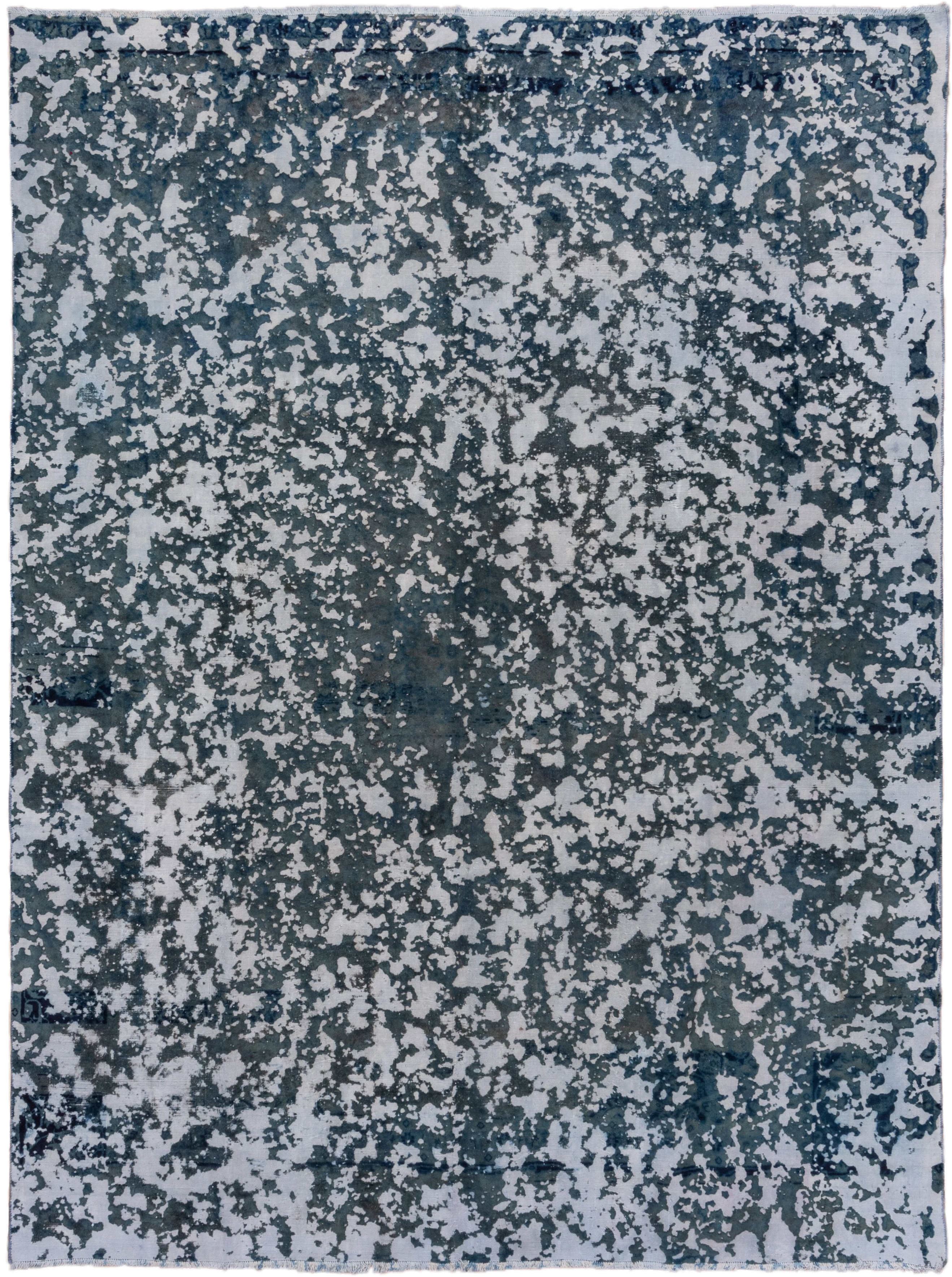 9' x 12' one-of-a-kind handmade vintage Overdyed large size rug. Color palette: blue, slate, ivory, charcoal, steel_blue