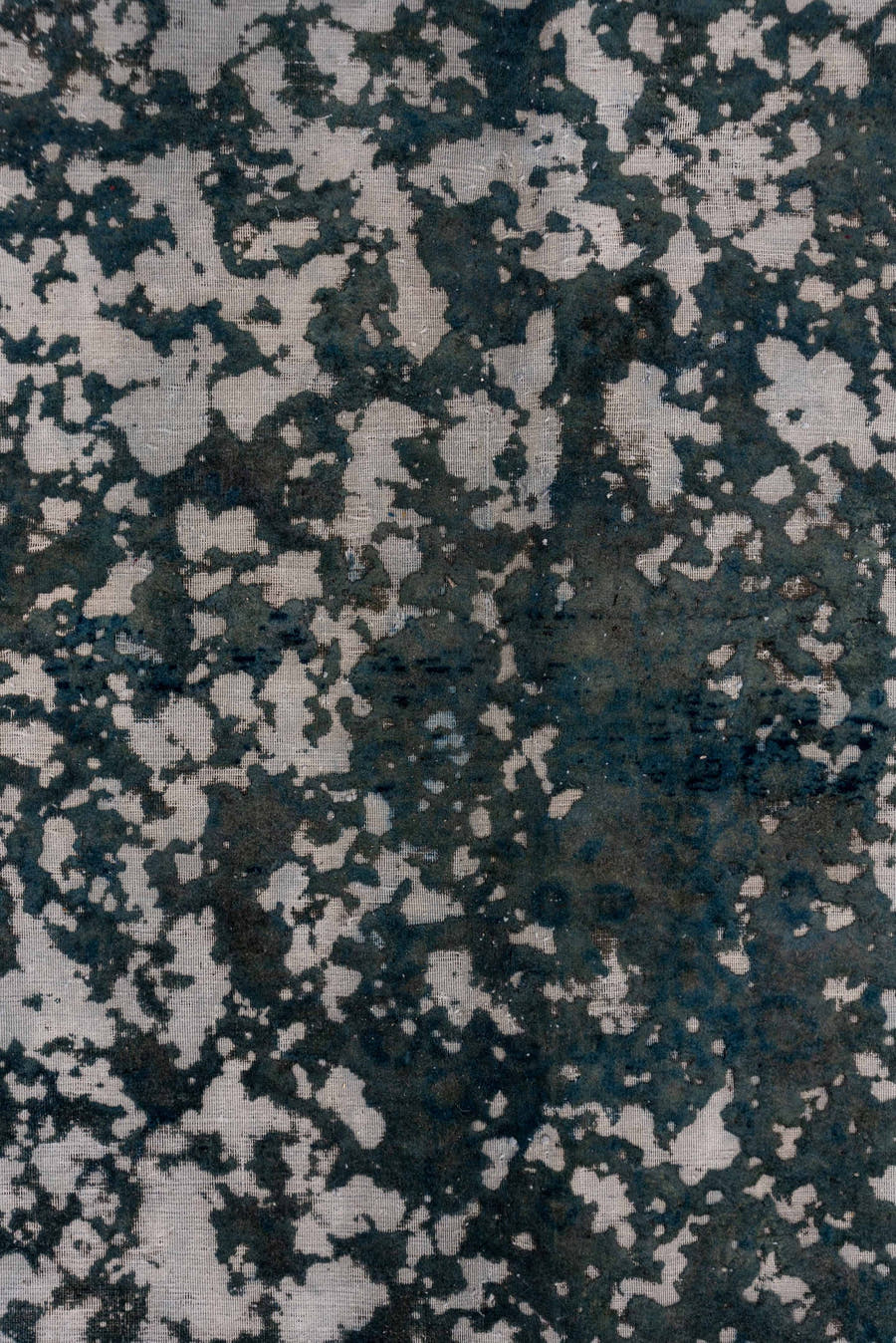 9' x 12' one-of-a-kind handmade vintage Overdyed large size rug. Color palette: blue, slate, ivory, charcoal, steel_blue