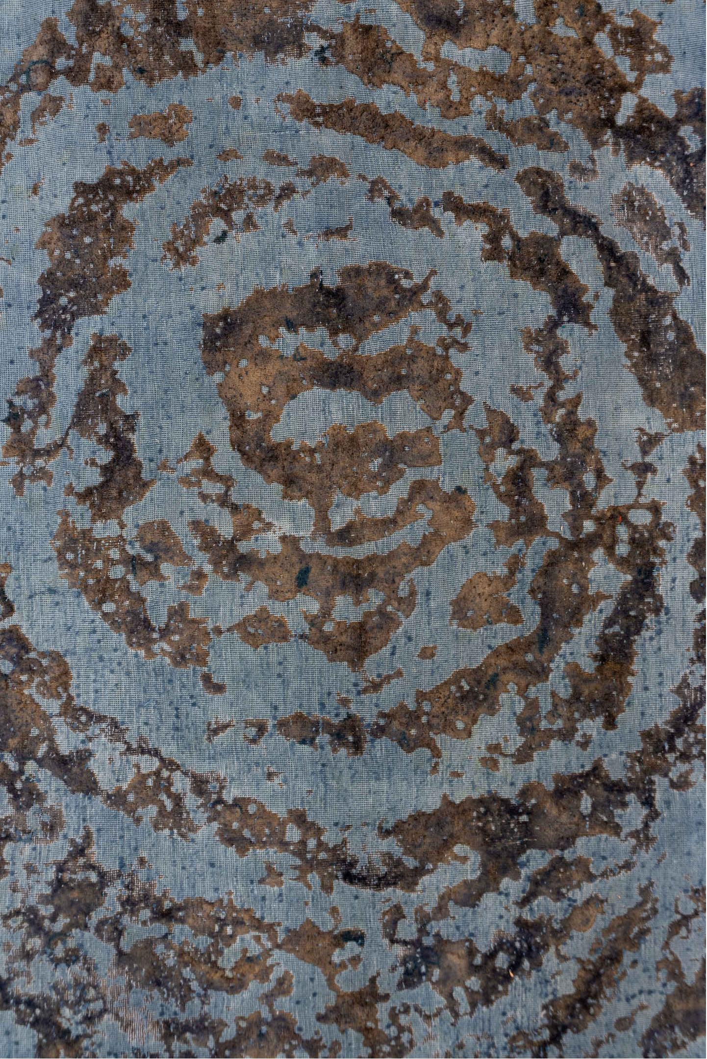 5' x 7' one-of-a-kind handmade vintage Overdyed rug. Color palette: black, blue, charcoal, fiord, gray, light blue