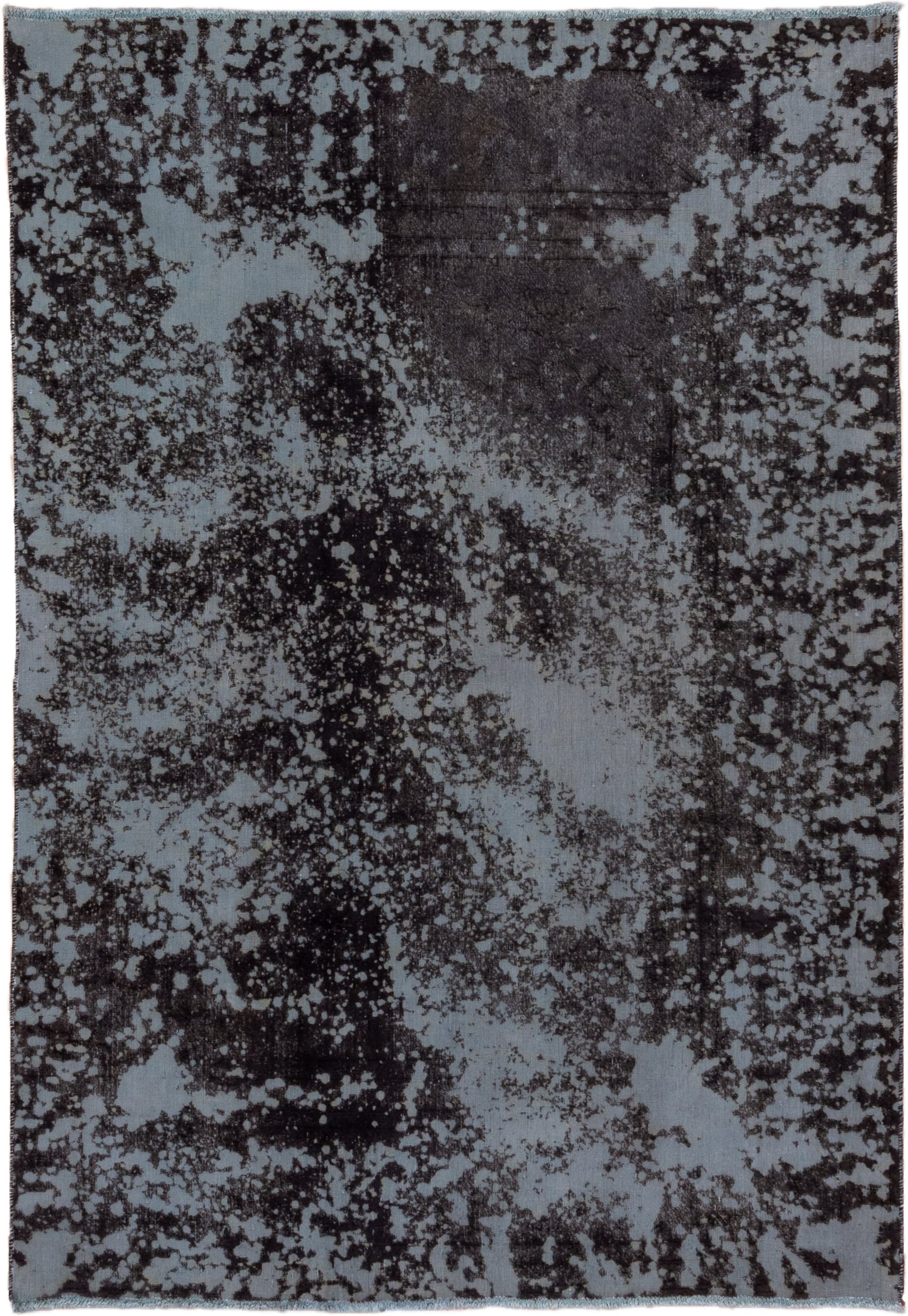 6' x 9' one-of-a-kind handmade vintage Overdyed medium size rug. Color palette: charcoal, slate, ice blue, silver, gray