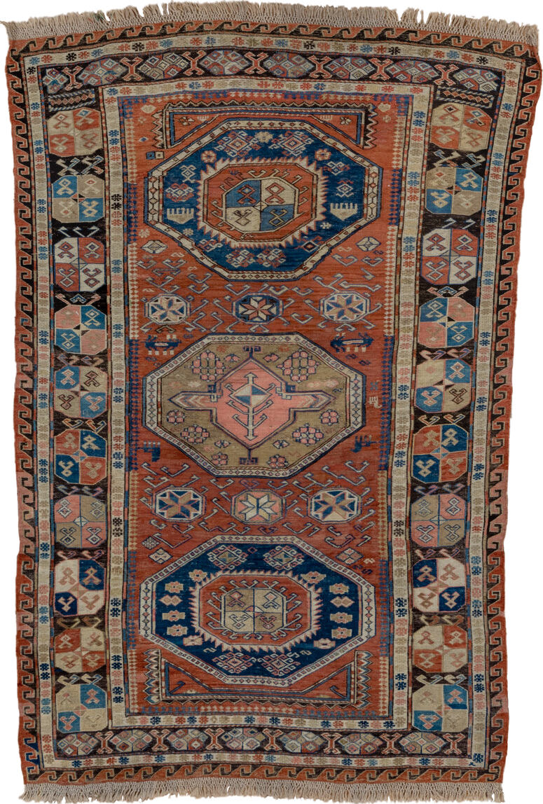 3' x 6' one-of-a-kind handmade antique Sumak small size rug. Color palette: rust, ivory, indigo, camel, charcoal, rose