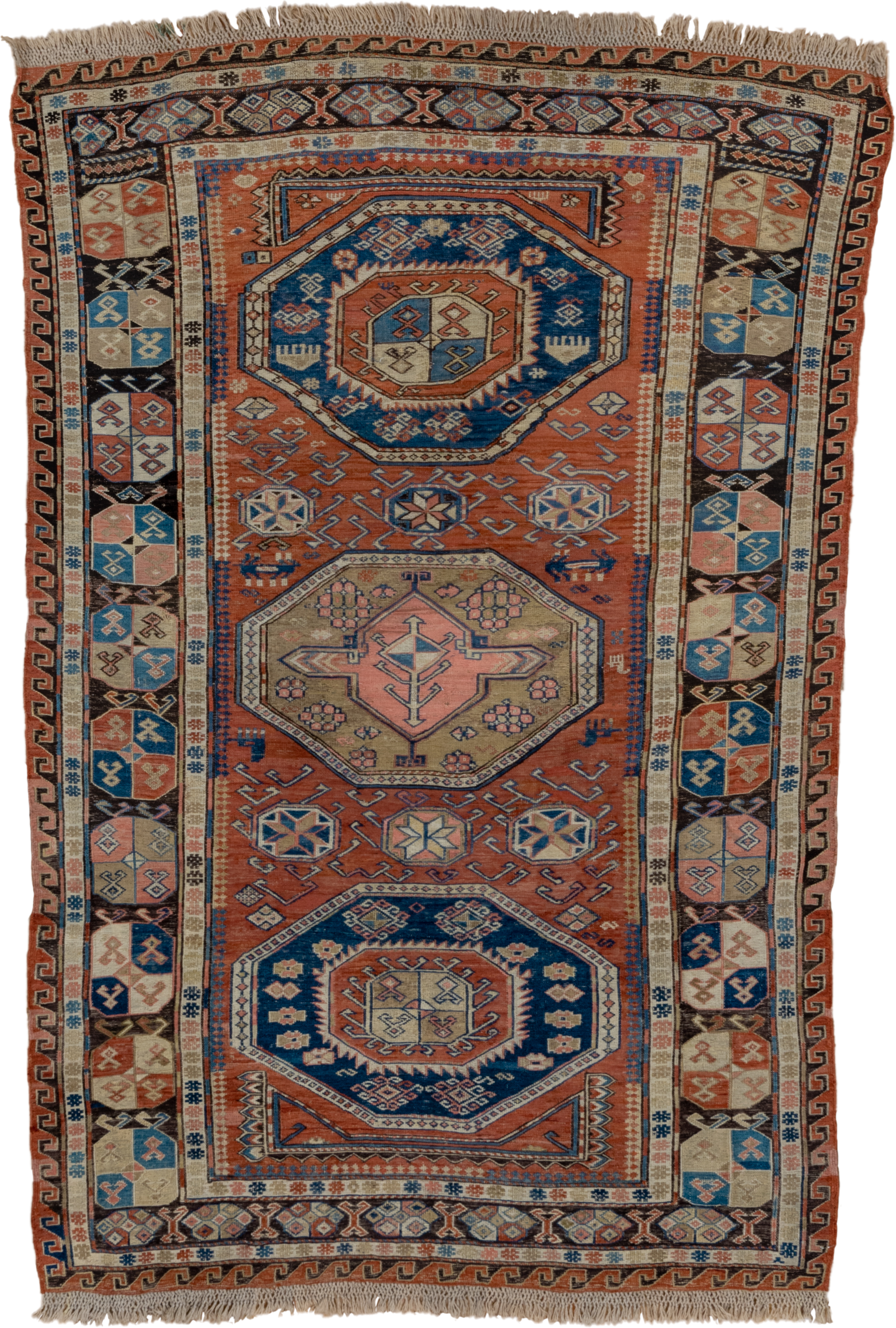 3' x 6' one-of-a-kind handmade antique Sumak small size rug. Color palette: rust, ivory, indigo, camel, charcoal, rose