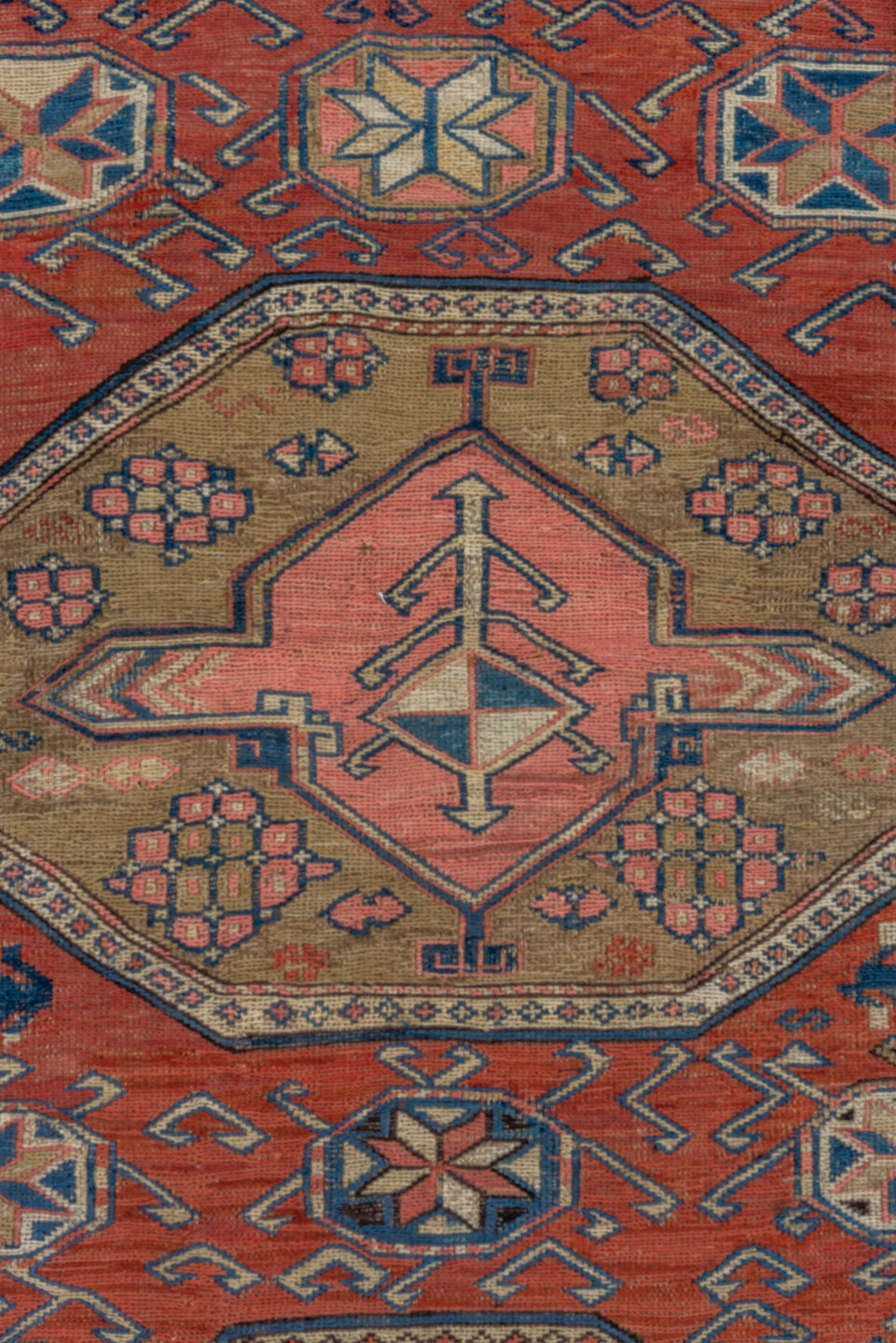 3' x 6' one-of-a-kind handmade antique Sumak small size rug. Color palette: rust, ivory, indigo, camel, charcoal, rose